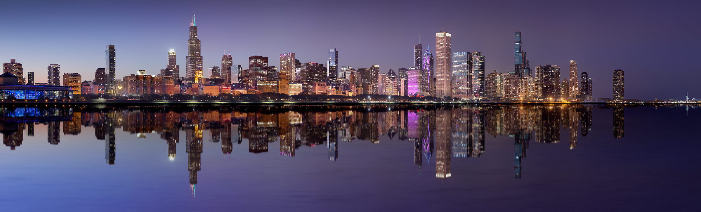 1,185 megapixels! A very high resolution, large-format VAST photo print of the Chicago skyline at night with Lake Michigan in the foreground; cityscape photograph created by Phil Crawshay in Chicago, Illinois.