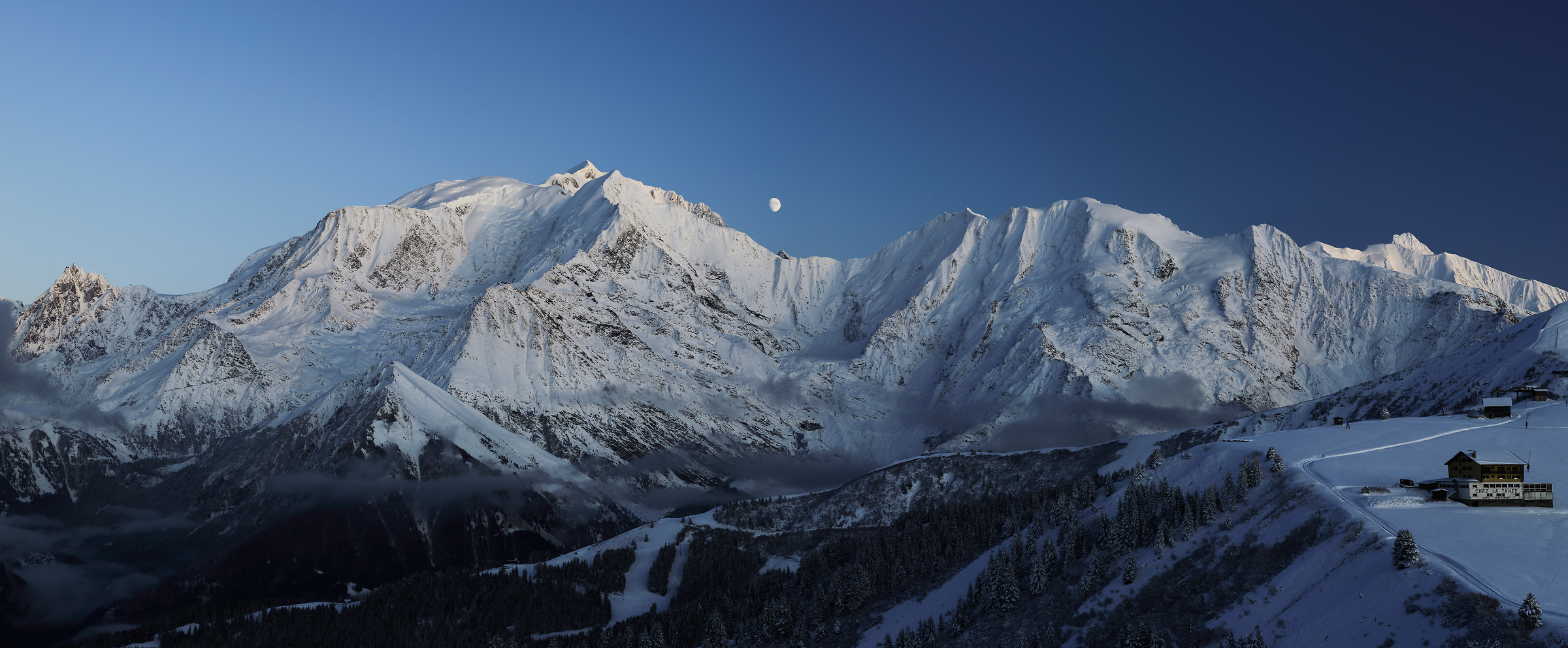 148 megapixels! A very high resolution, large-format VAST photo print of a mountain range at night with the moon; landscape photograph created by Alexandre Deschaumes in Mont Blanc Massif, Saint-Gervais-les-Bains, France.