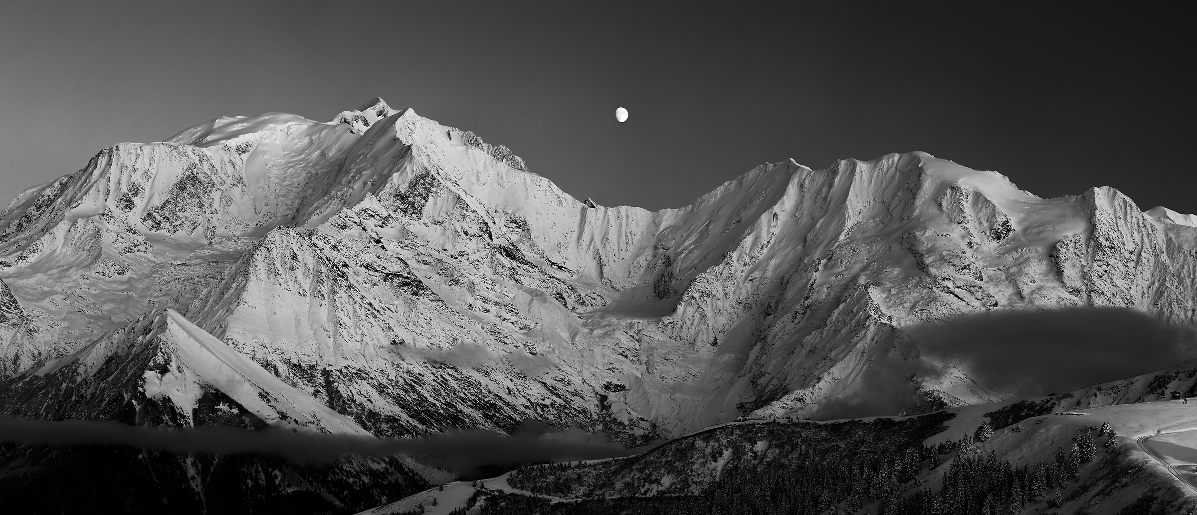 283 megapixels! A very high resolution, large-format VAST photo print of a mountain range with the moon at nighttime; black & white landscape photograph created by Alexandre Deschaumes in Mont Blanc Massif, Saint-Gervais-les-Bains, France.