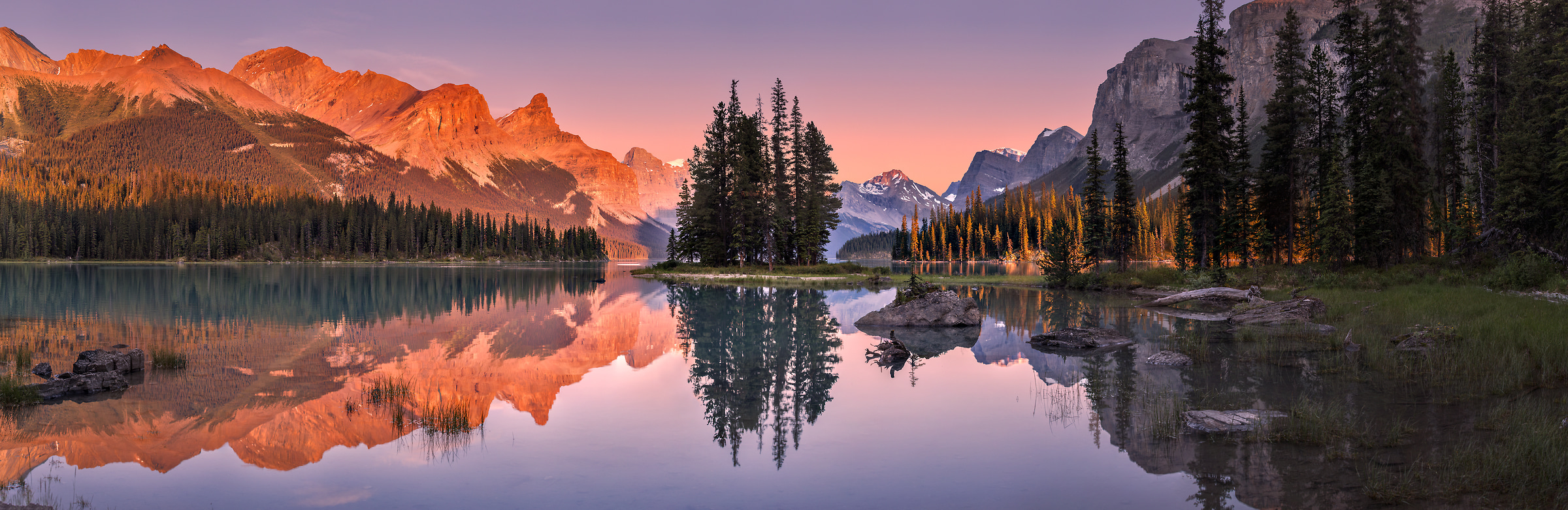 164 megapixels! A very high resolution, large-format VAST photo print of a peaceful landscape with mountains, trees, and a lake; nature photograph created by Chris Collacott in Spirit Island, Jasper National Park, Alberta, Canada.