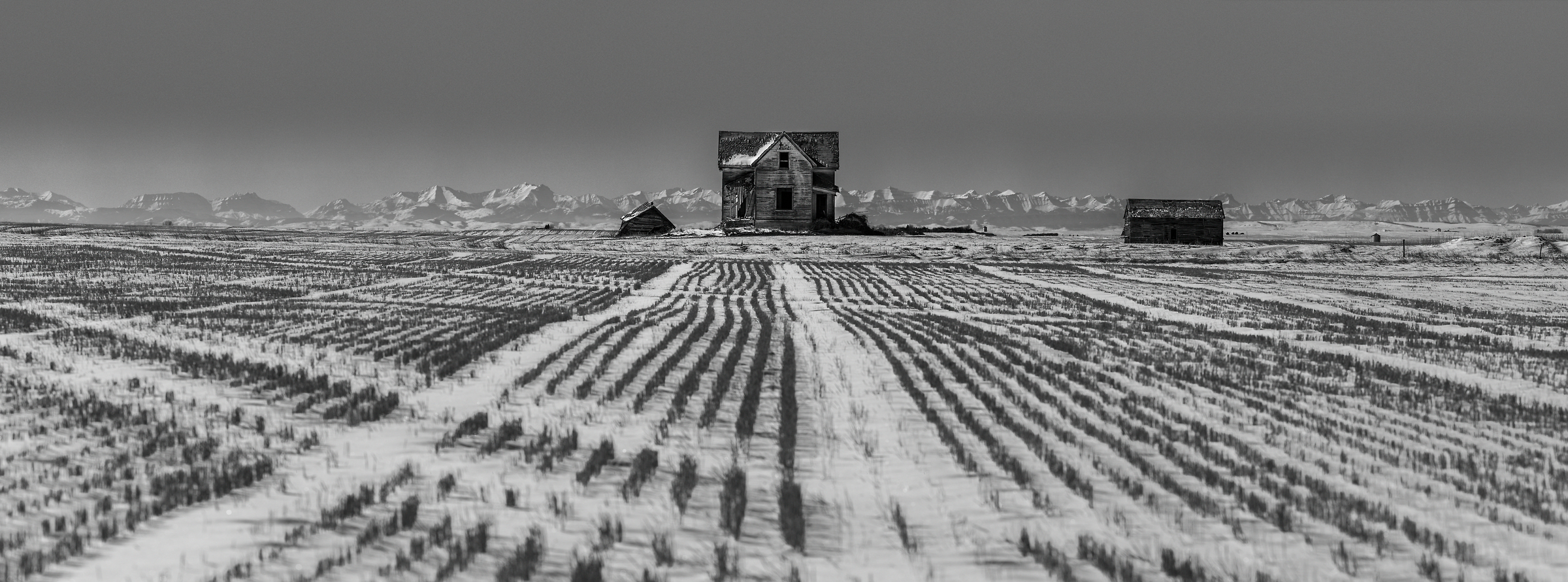 1,052 megapixels! A very high resolution, large-format VAST photo print of snow on a prairie with an abandoned house; black & white photograph created by Scott Dimond in Foothills County, Alberta, Canada.