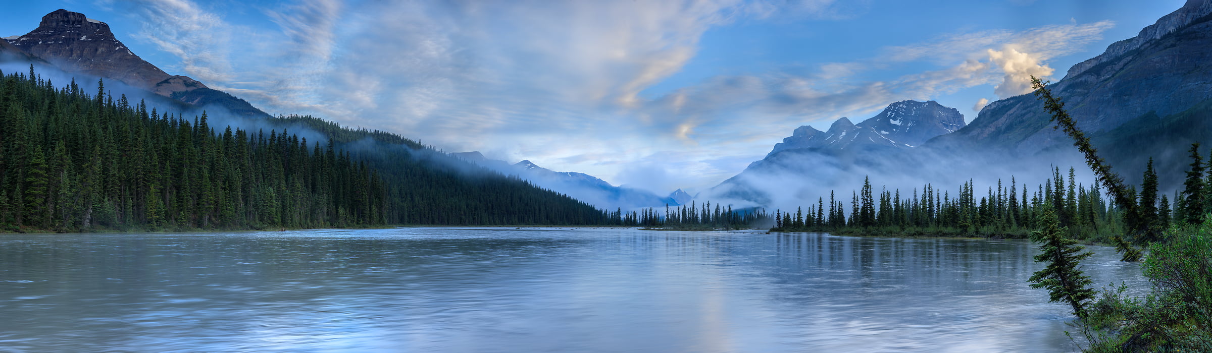 570 megapixels! A very high resolution, large-format VAST photo print of a peaceful lake in the morning with some foggy mist rising; landscape photograph created by Scott Dimond in Banff National Park, Alberta, Canada.