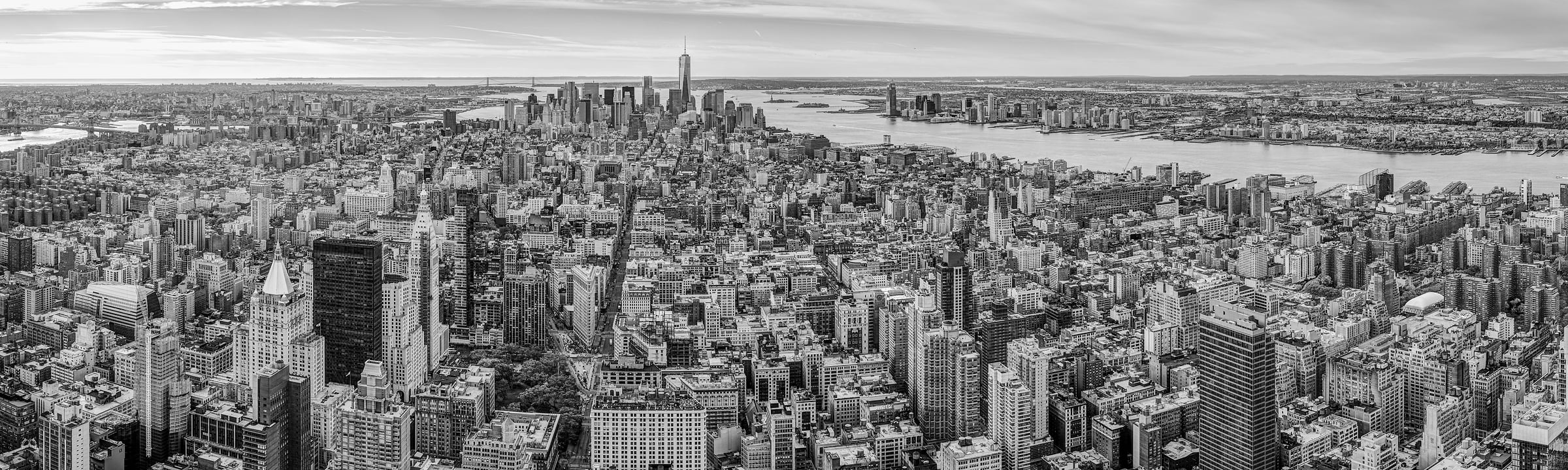 416 megapixels! A very high resolution, black & white aerial photo of New York City; cityscape photograph created by Tim Lo Monaco at the Empire State Building in Manhattan, New York City, New York.