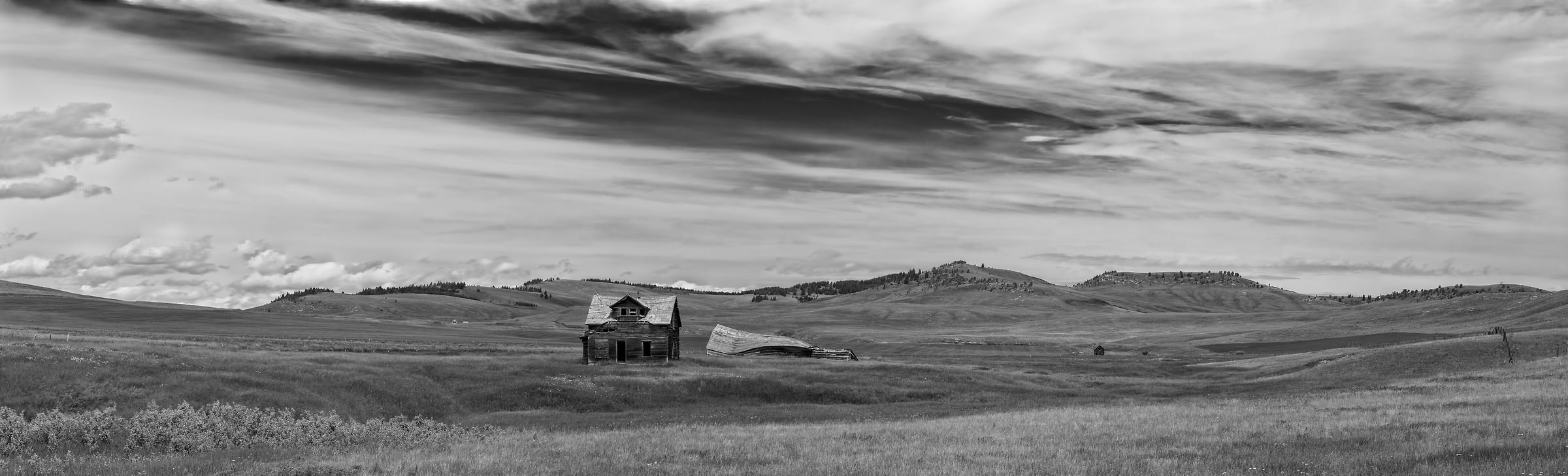 232 megapixels! A very high resolution, large-format VAST photo print of a homestead; black & white landscape photograph created by Scott Dimond in Pincher Creek No. 9, Alberta, Canada.