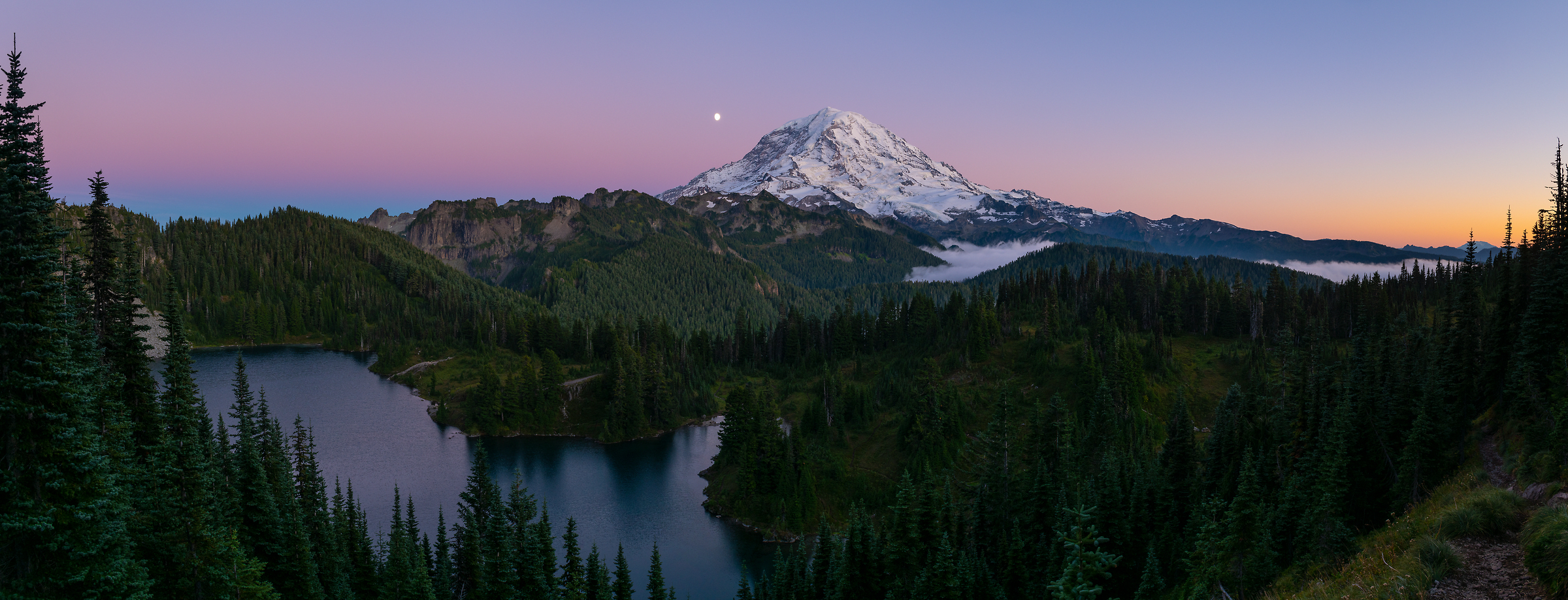 94 megapixels! A very high resolution, large-format VAST photo print of Mt. Rainier at sunset with the moon; landscape photograph created by Greg Probst in Mt. Rainier National Park.