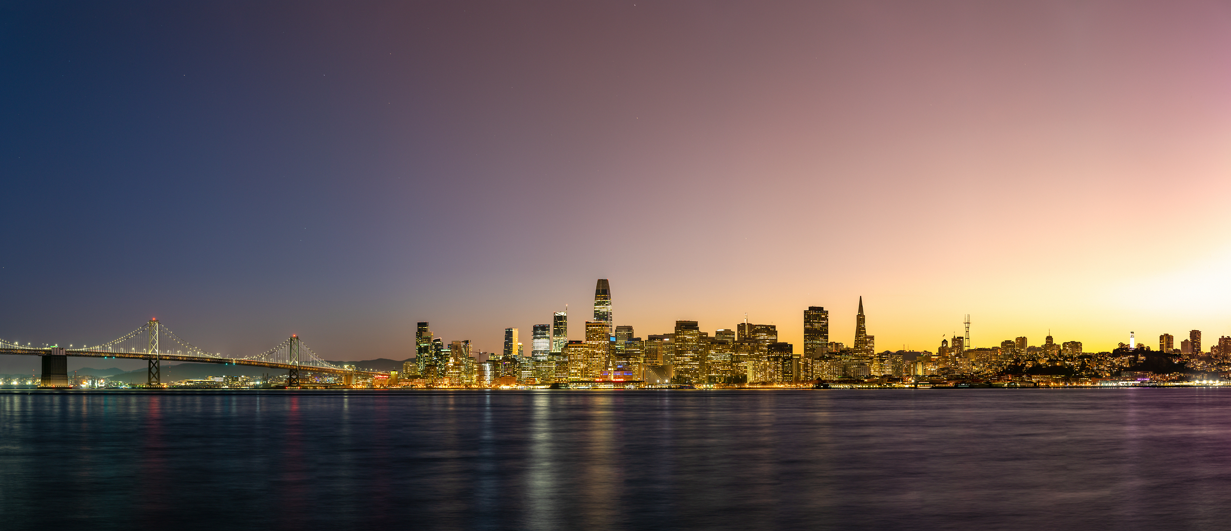 629 megapixels! A very high resolution, large-format VAST photo print of the San Francisco Skyline from Treasure Island at sunset; cityscape photograph created by Justin Katz in Treasure Island, San Francisco, California.