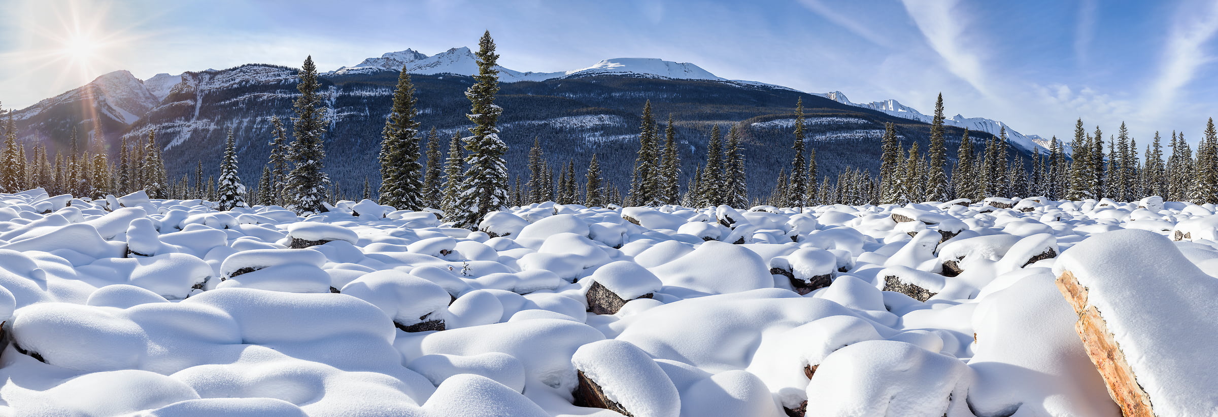 1,694 megapixels! A very high resolution, large-format VAST photo print of a winter landscape scene with snow-covered rocks, evergreen trees, and mountains; landscape photograph created by Scott Dimond in Jasper National Park, Alberta, Canada.
