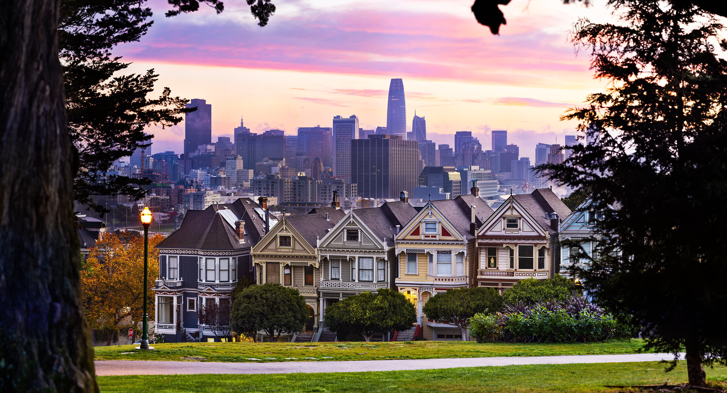 355 megapixels! A very high resolution, large-format VAST photo print of the Painted Ladies houses in San Francisco at sunset; photograph created by Nicholas Gonzales in Alamo Square, San Francisco, California.