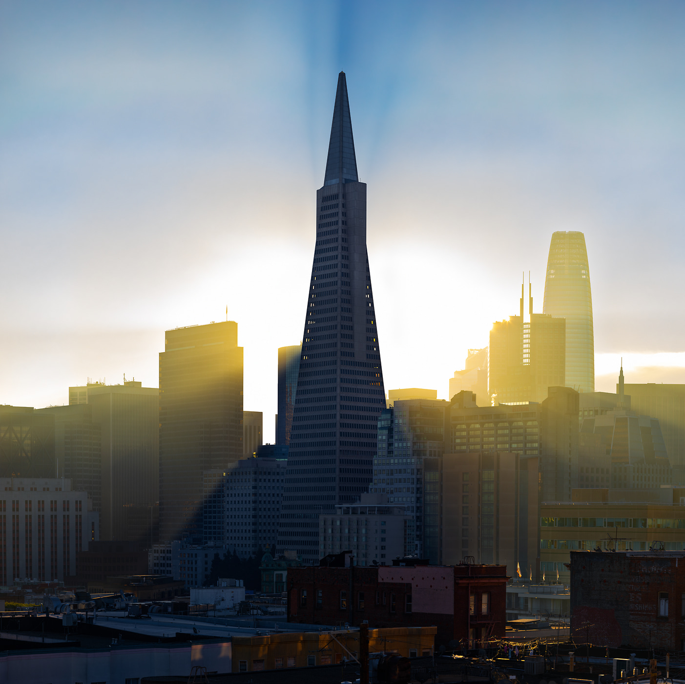 1,578 megapixels! A very high resolution, large-format VAST photo print of the Transamerica Pyramid building in San Francisco at sunrise; skyline photograph created by Nicholas Gonzales in San Francisco, California.
