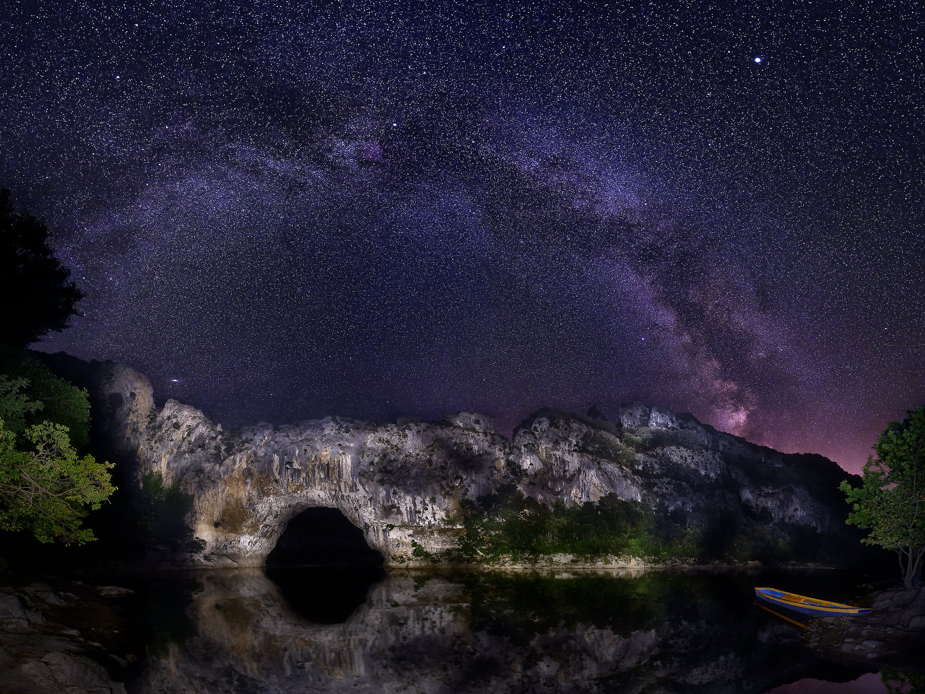 650 megapixels! A very high resolution, large-format VAST photo print of the night sky and Milky Way above a lake and cave; astrophotograph created by David Meaux in Pont d'Arc, Vallon-Pont-d'Arc, Ardèche, France.