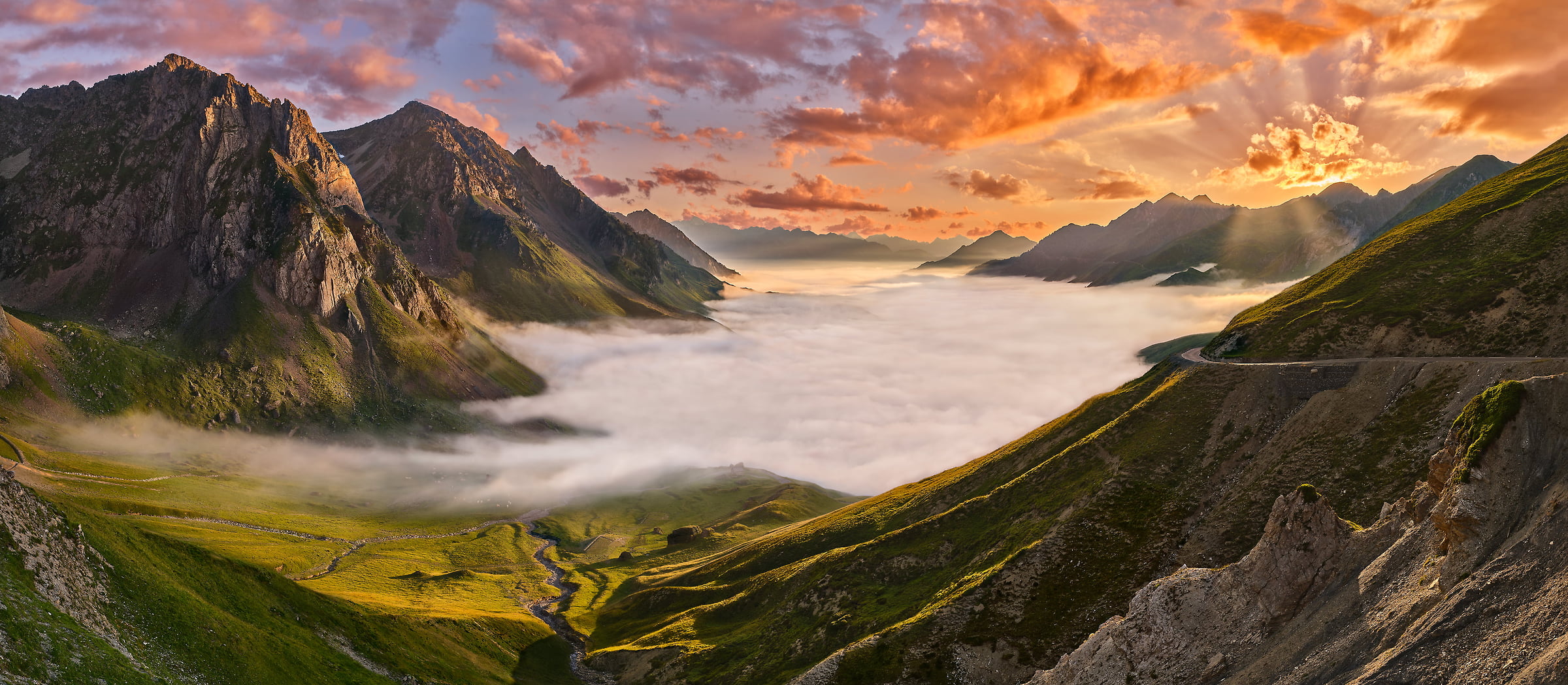 320 megapixels! A very high resolution, large-format VAST photo print of a sunset landscape with a valley, fog, mountains, and beautiful clouds; photograph created by David Meaux in Vallée de Barèges, Hautes-Pyrénées, France.