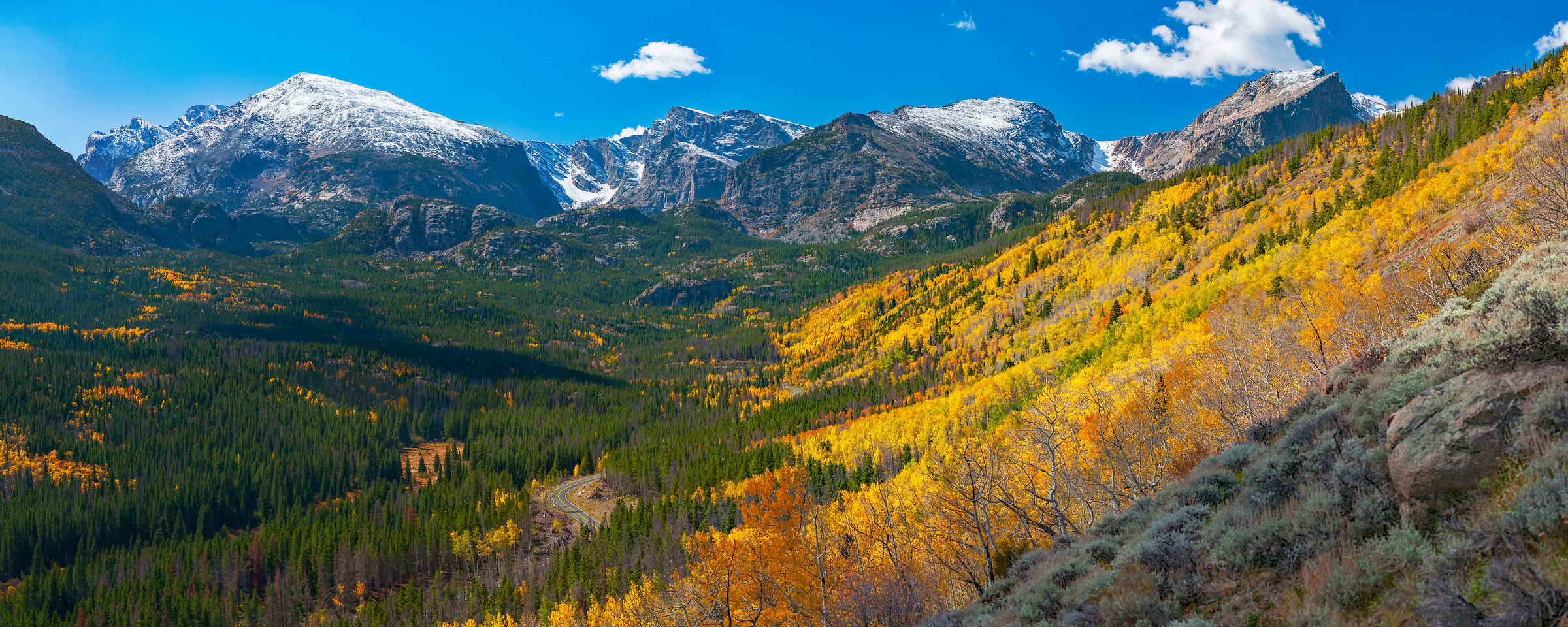 281 megapixels! A very high resolution, large-format VAST photo print of a valley with autumn foliage and snow-covered mountains in the background; landscape photograph created by John Freeman in Bear Lake Road, Rocky Mountain National Park, Colorado.