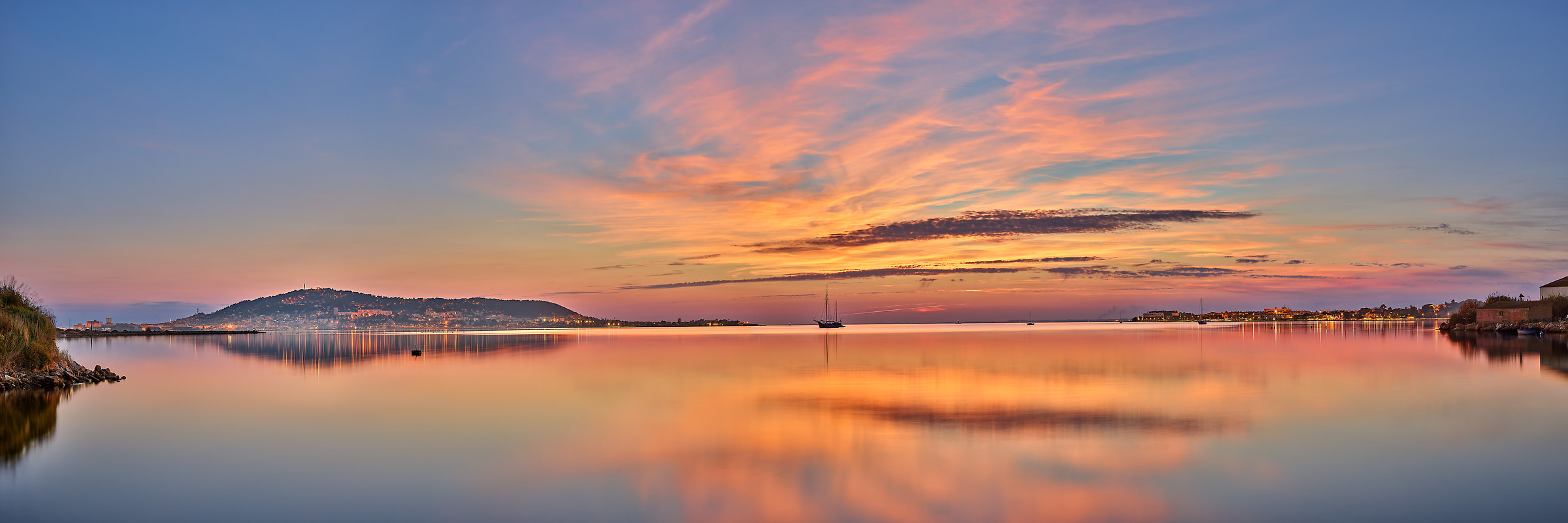 323 megapixels! A very high resolution, large-format VAST photo print of sunset reflecting in the water with a sailboat; landscape photograph created by David Meaux in l'Étang de Thau, Balaruc-les-Bains, l'Hérault, France.