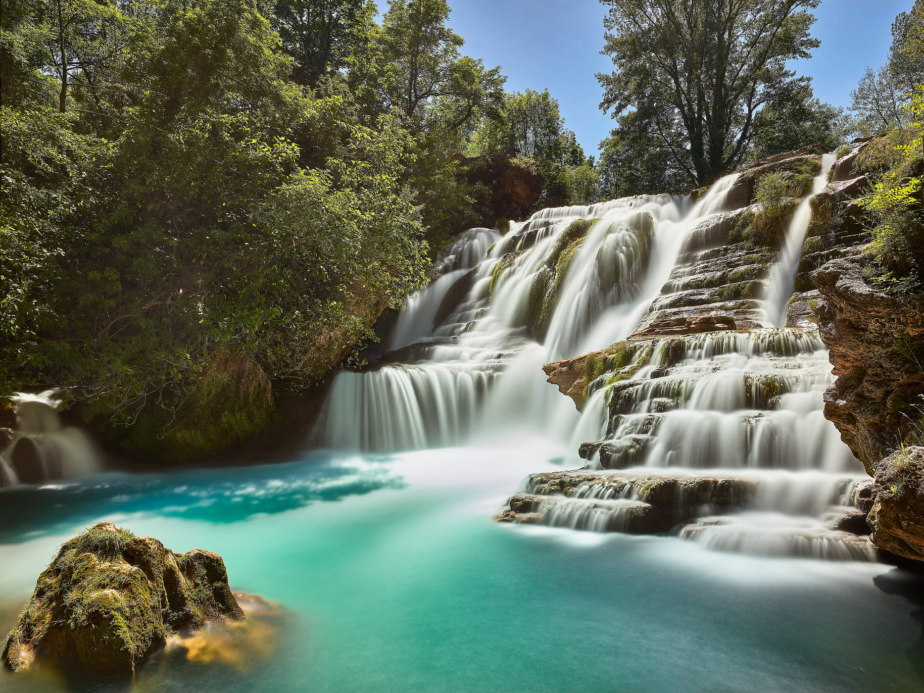 180 megapixels! A very high resolution, big photo print of a waterfall with trees and rocks; nature photograph created by David Meaux in Cascade de Navacelles, Navacelles, l'Hérault, France.