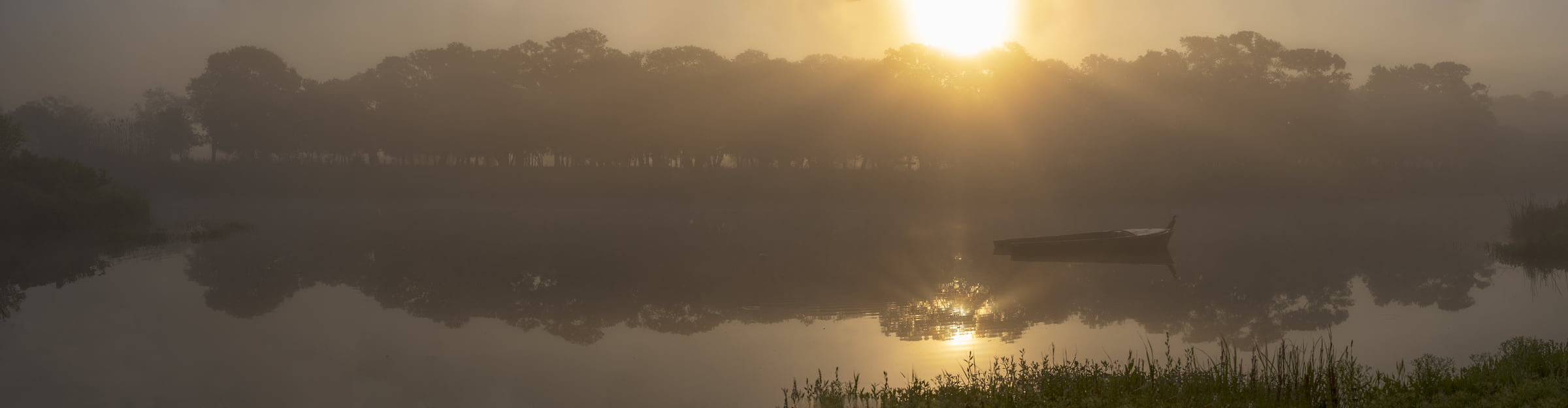 679 megapixels! A very high resolution, large-format VAST photo print of a foggy sunrise; panorama photograph created by John Freeman in Jones Creek, TX.