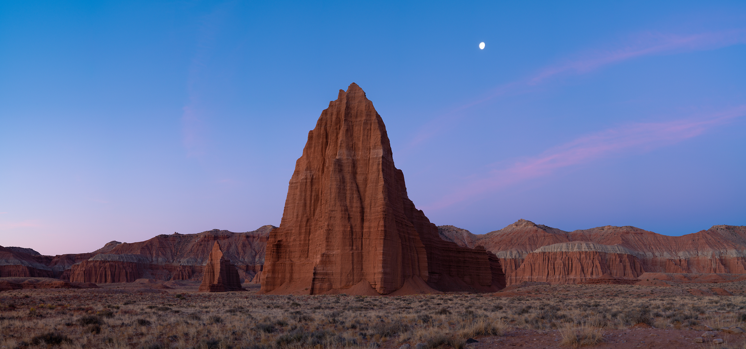 275 megapixels! A very high resolution, large-format VAST photo print of a meditative landscape photo with the temples of Capitol Reef National Park, sunset, and the moon; photograph created by Greg Probst in Utah.