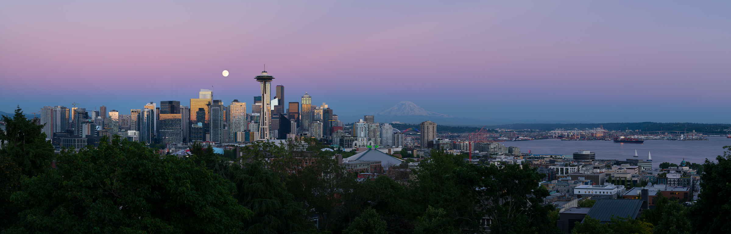 364 megapixels! A very high resolution, large-format VAST photo print of the Seattle skyline at dusk with the moon and Mt. Rainier in the background; photograph created by Greg Probst in Seattle, WA.