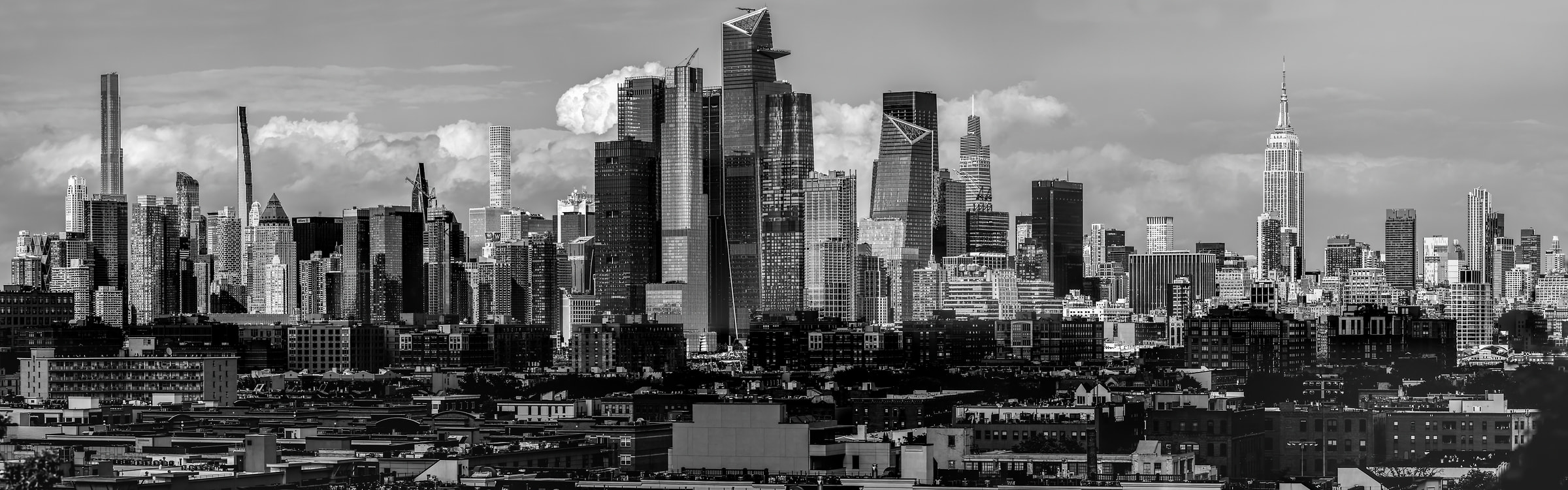 273 megapixels! A very high resolution, large-format black & white photo of Hudson Yards in New York City; skyline photograph created by Beyti Barbaros in Jersey City, New Jersey.