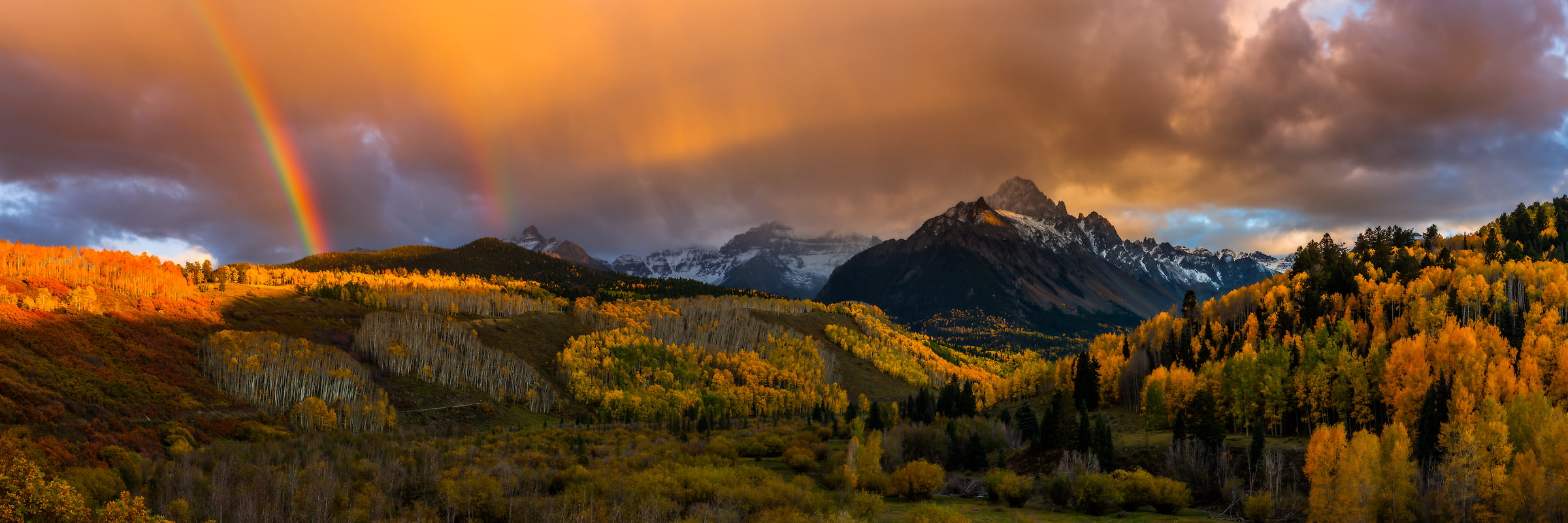 101 megapixels! A very high resolution, large-format VAST photo print of a mountain landscape with a rainbow; landscape photograph created by Phillip Noll in Ridgway, Colorado.