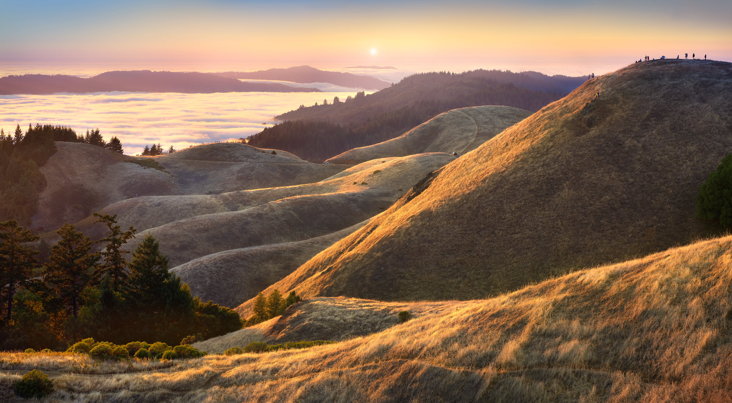 215 megapixels! A very high resolution, large-format VAST photo print of a sunset over hills, mountains, and clouds in Marin county, California; photograph created by Jeff Lewis from Mt. Tamalpais in Marin County, California.