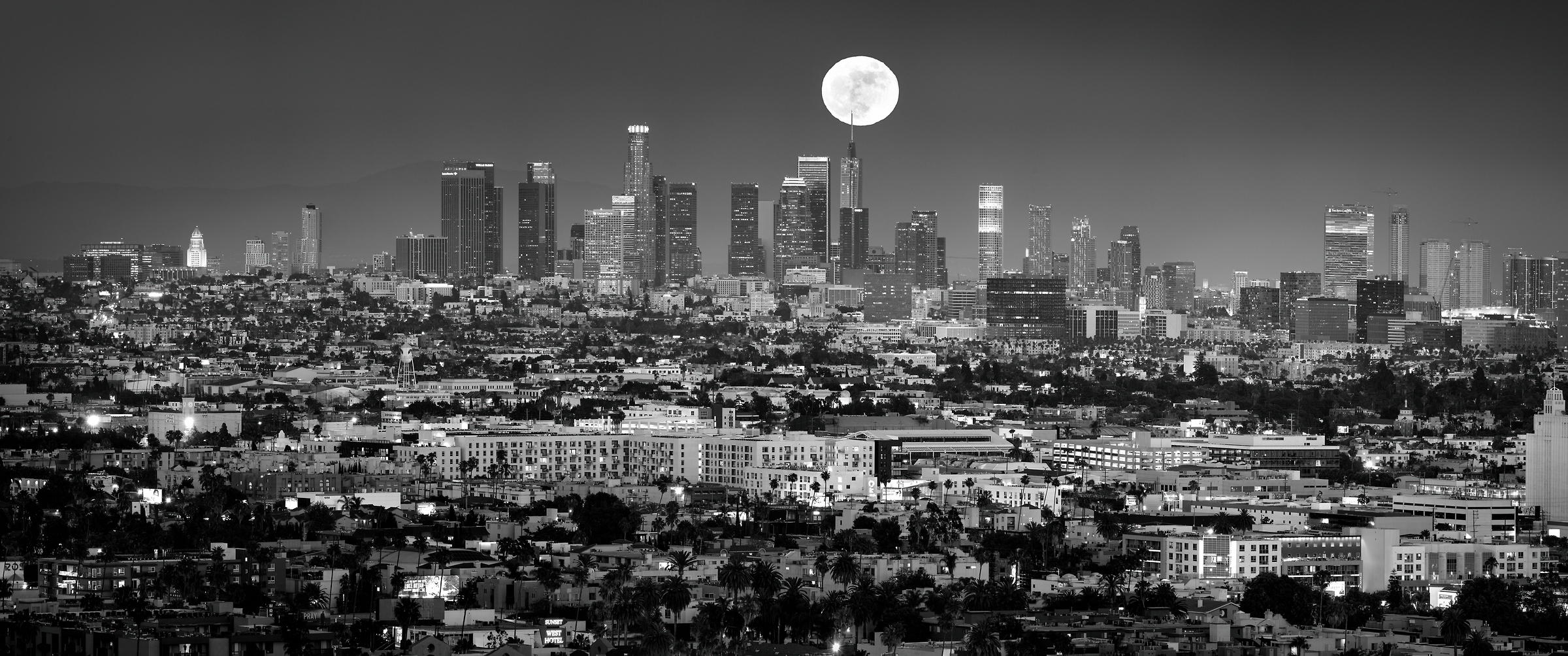 259 megapixels! A very high resolution, large-format VAST photo print of the Los Angles skyline at night with the moon; cityscape photograph created by Jeff Lewis in Hollywood Hills, Los Angeles, California.