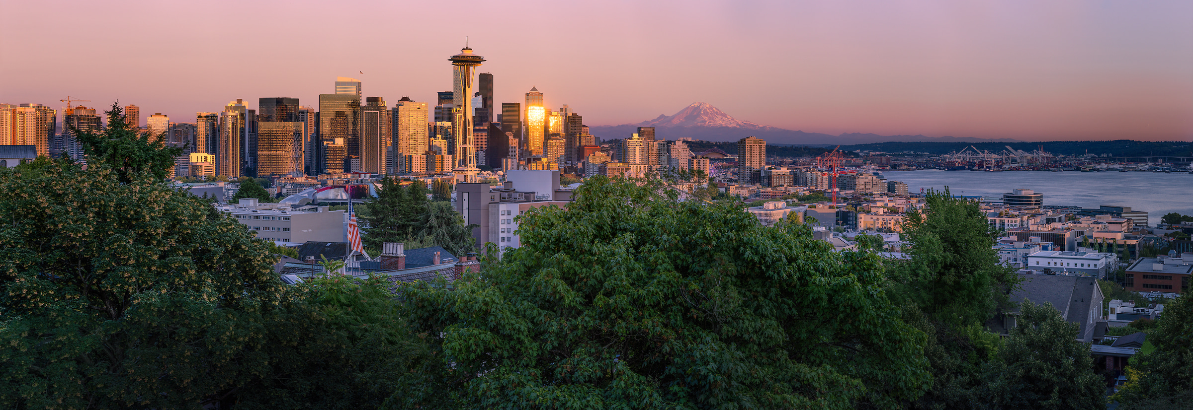 501 megapixels! A very high resolution, large-format VAST photo print of the Seattle skyline at sunset; cityscape photograph created by Chris Blake in Kerry Park, Seattle WA.