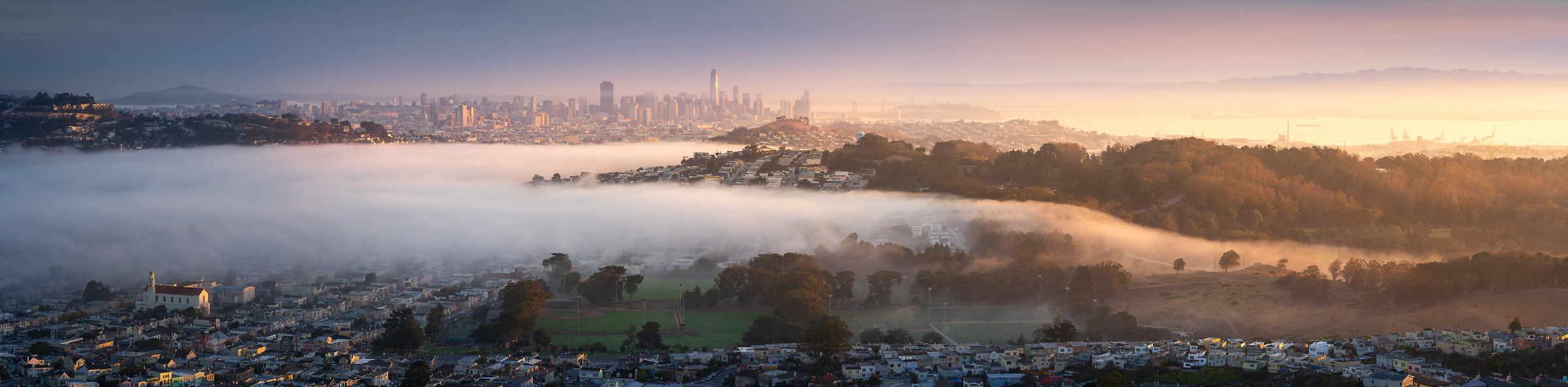 415 megapixels! A very high resolution, large-format VAST photo print of a San Francisco landscape at sunrise; photograph created by Jeff Lewis in San Francisco, California.