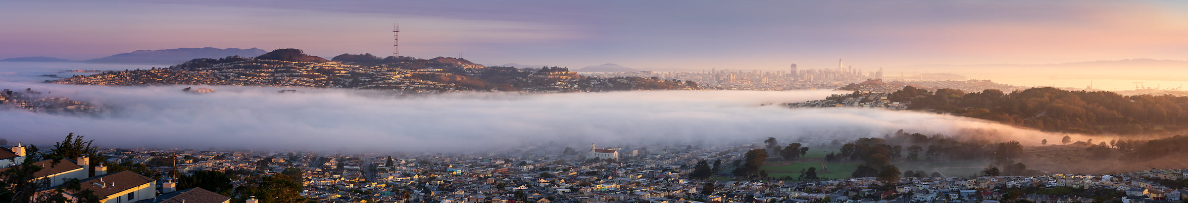 365 megapixels! A very high resolution panorama photo of the San Francisco skyline with fog at sunrise; cityscape photograph created by Jeff Lewis in San Francisco, California.