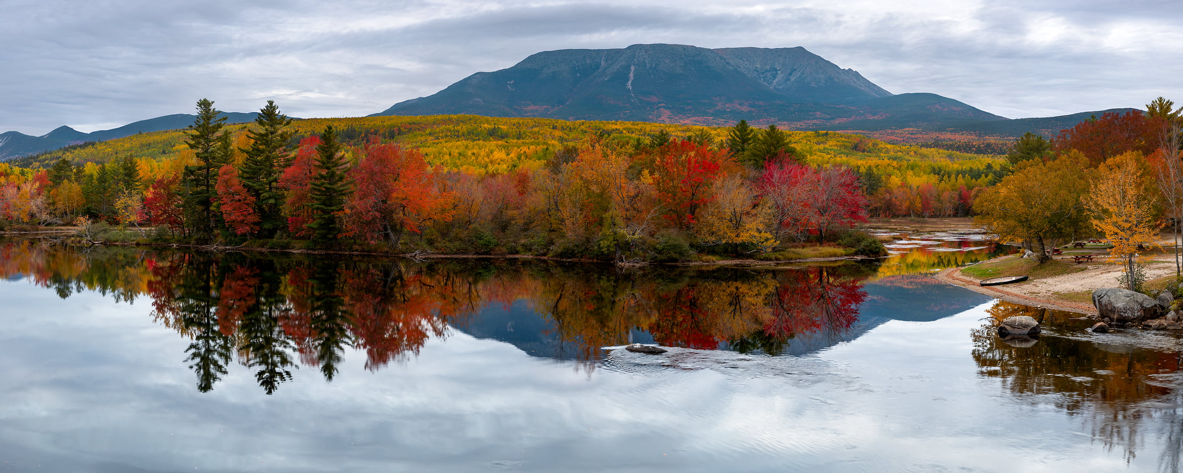 1,309 megapixels! A very high resolution, large-format VAST photo print of Mt. Katahdin behind a lake in autumn; photograph created by Aaron Priest in Millinocket, Maine.