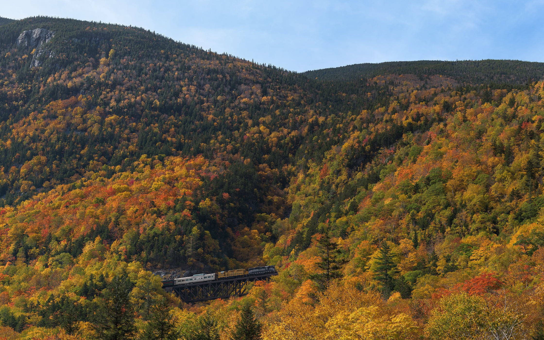 402 megapixels! A very high resolution, large-format VAST photo print of a train amid autumn foliage on a mountain; photograph created by Aaron Priest in Hart's Location, New Hampshire.