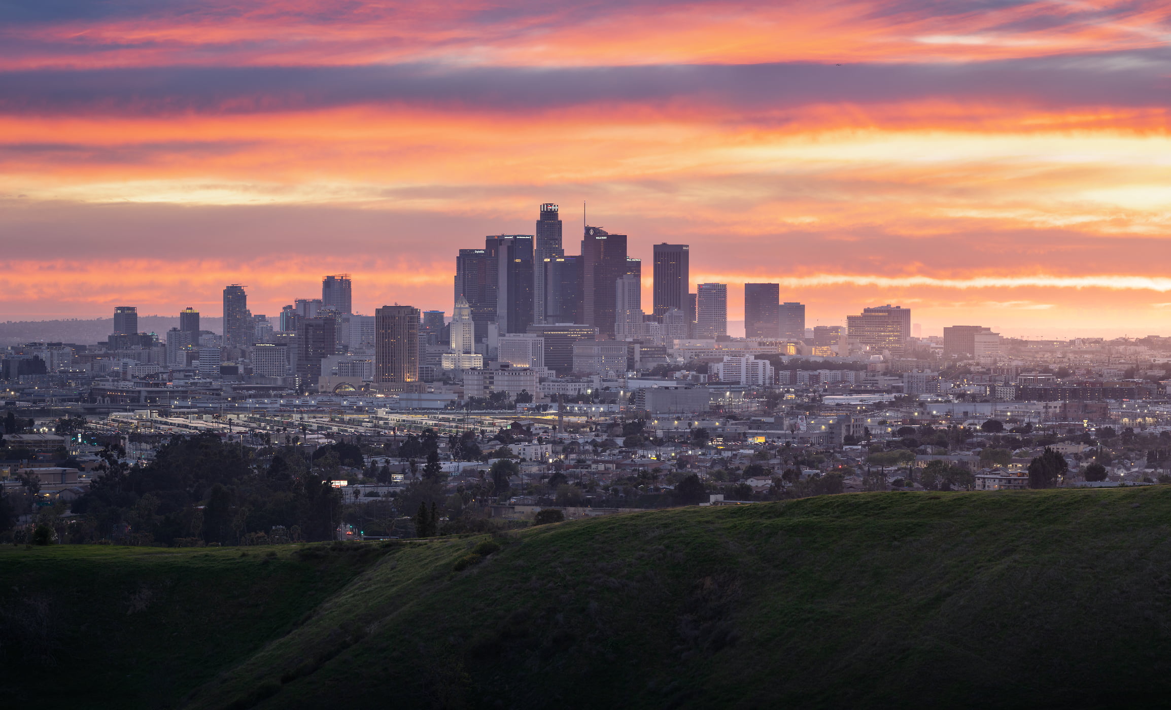 194 megapixels! A very high resolution, large-format VAST photo print of Los Angeles at sunset; skyline photograph created by Jeff Lewis in Los Angeles, California.