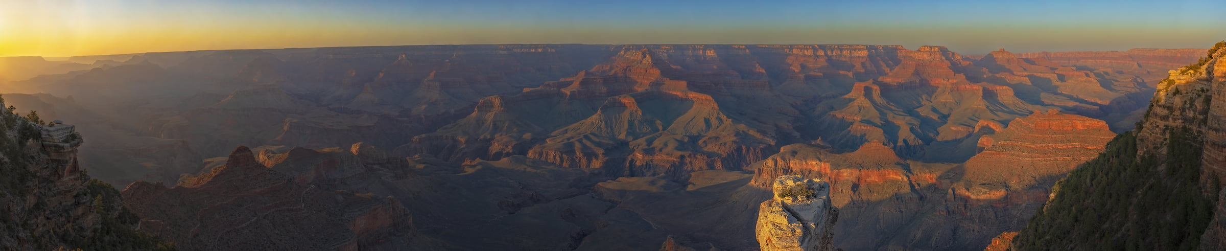 3,645 megapixels! A very high resolution, large-format VAST photo print of the Grand Canyon at sunset; panorama landscape photograph created by John Freeman in Yaki Point, South Rim, Grand Canyon, Arizona.