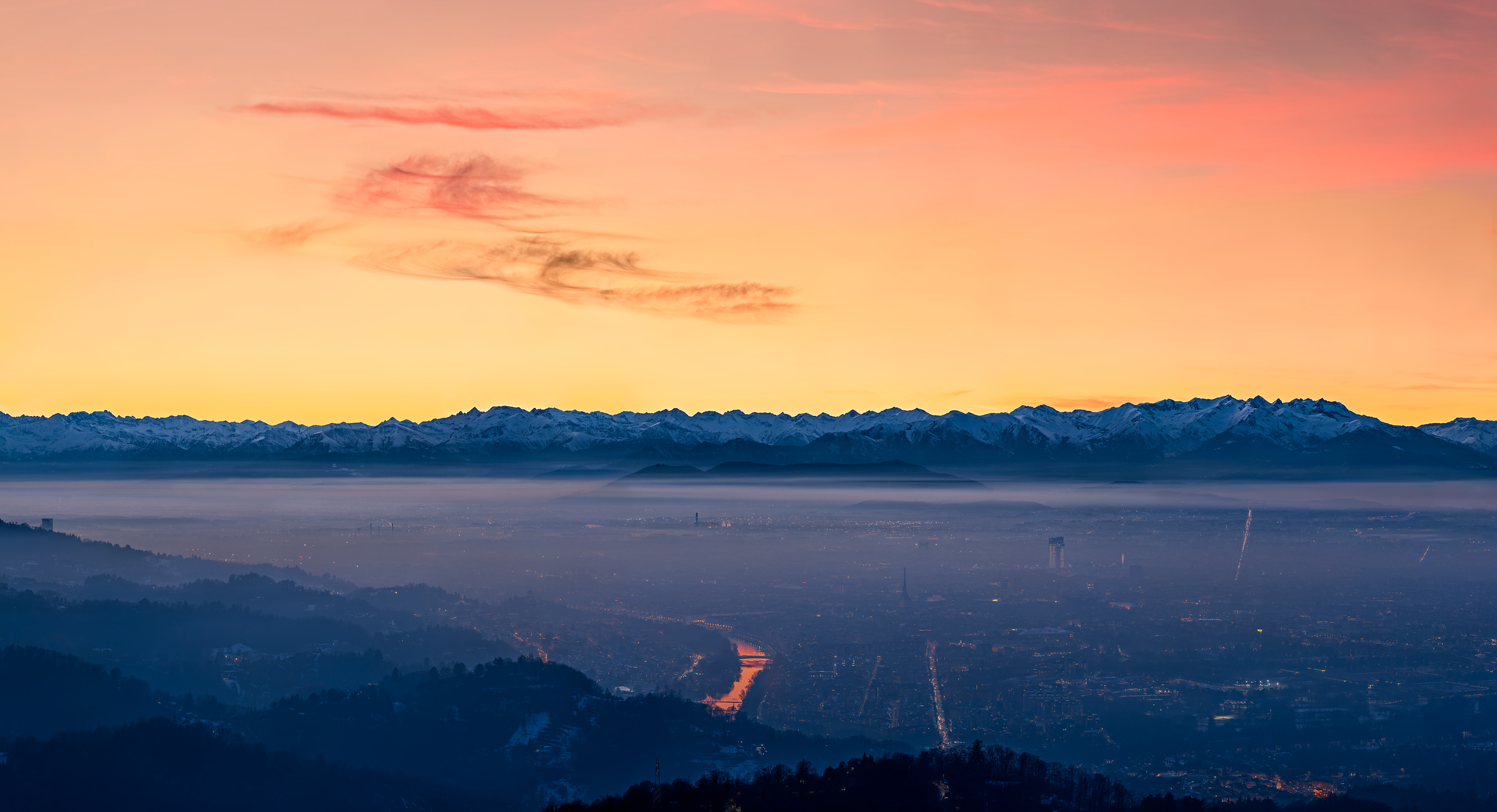 1,613 megapixels! A very high resolution, large-format VAST photo print of the Turin, Italy cityscape at sunset with the Alps mountains in the background; landscape photograph created by Duilio Fiorille in Turin, Italy.