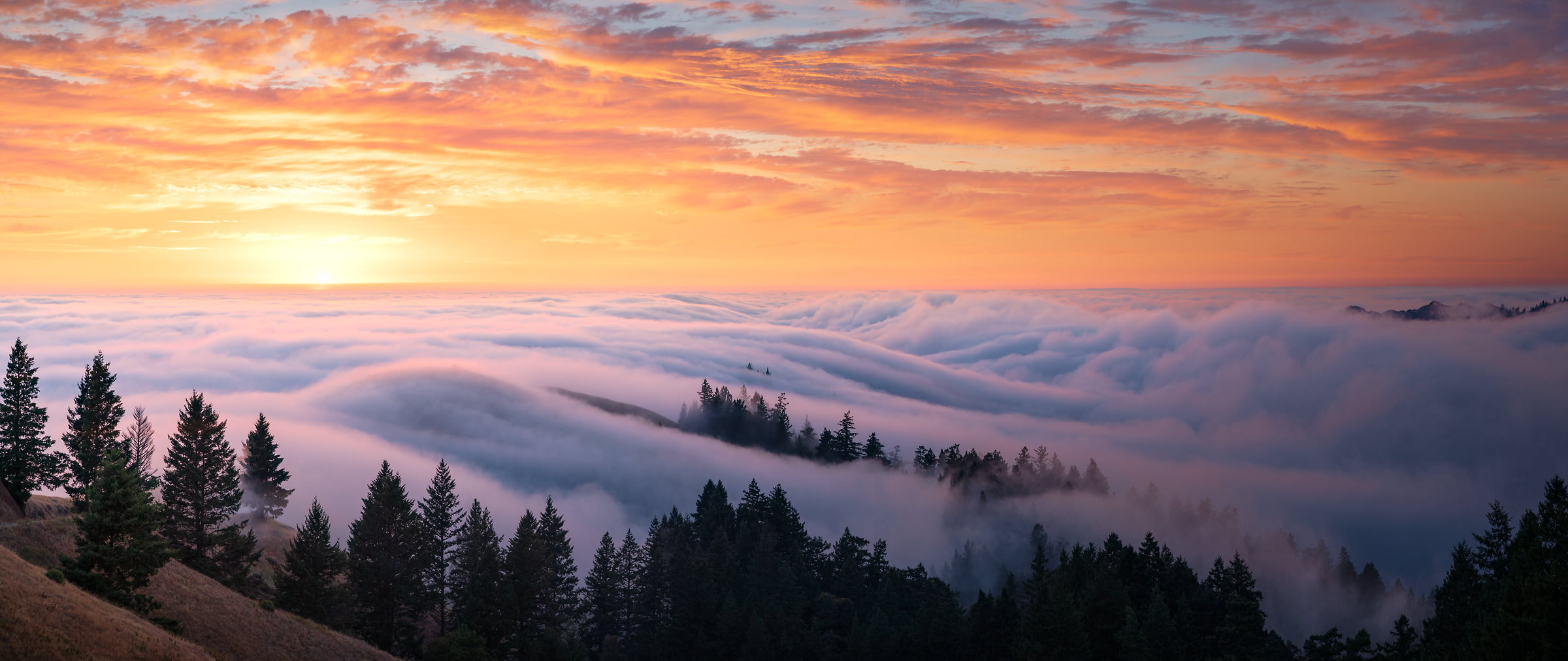 139 megapixels! A very high resolution, large-format VAST photo print of sunset above clouds and fog; landscape photograph created by Jeff Lewis in Mt. Tamalpais, California.