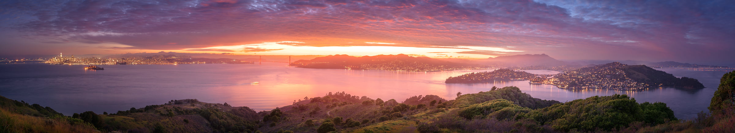248 megapixels! A very high resolution, large-format, panorama photo print of the San Francisco Bay, San Francisco skyline, Golden Gate Bridge, and Marin Headlands at sunset; landscape photograph created by Jeff Lewis in Marin County, California.