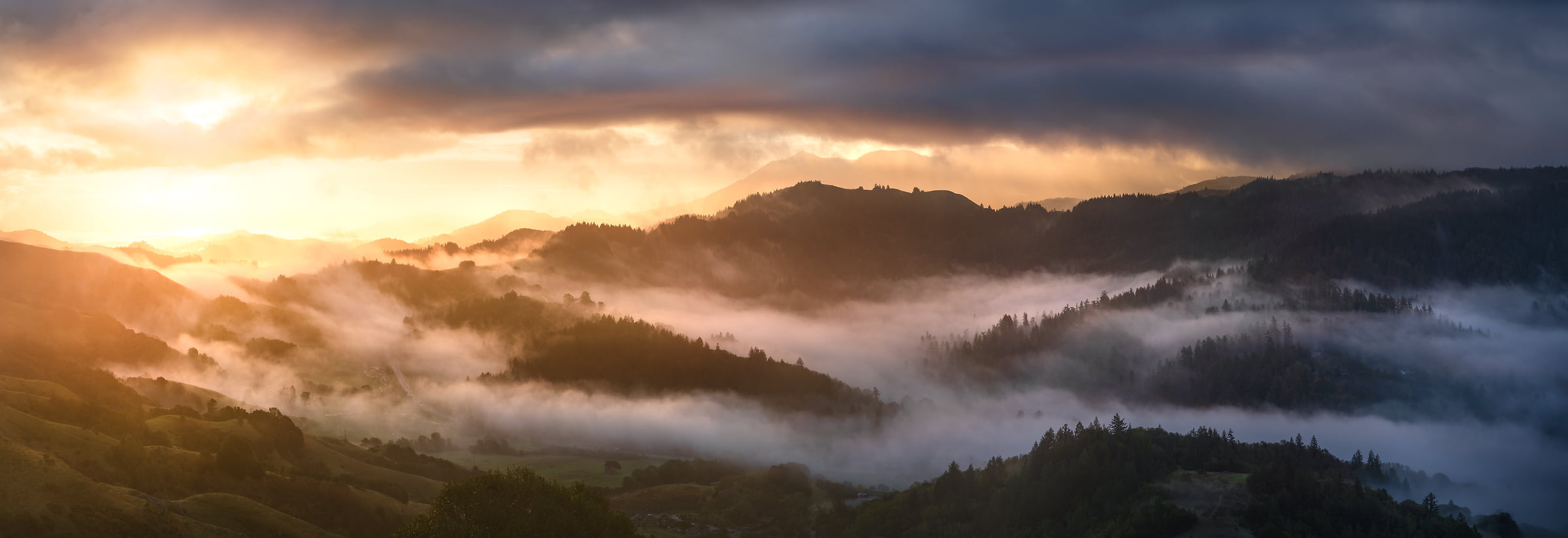 188 megapixels! A very high resolution, large-format VAST photo print of an inspirational sunrise with hills, fog, and clouds; landscape photograph created by Jeff Lewis in Marin County, California.
