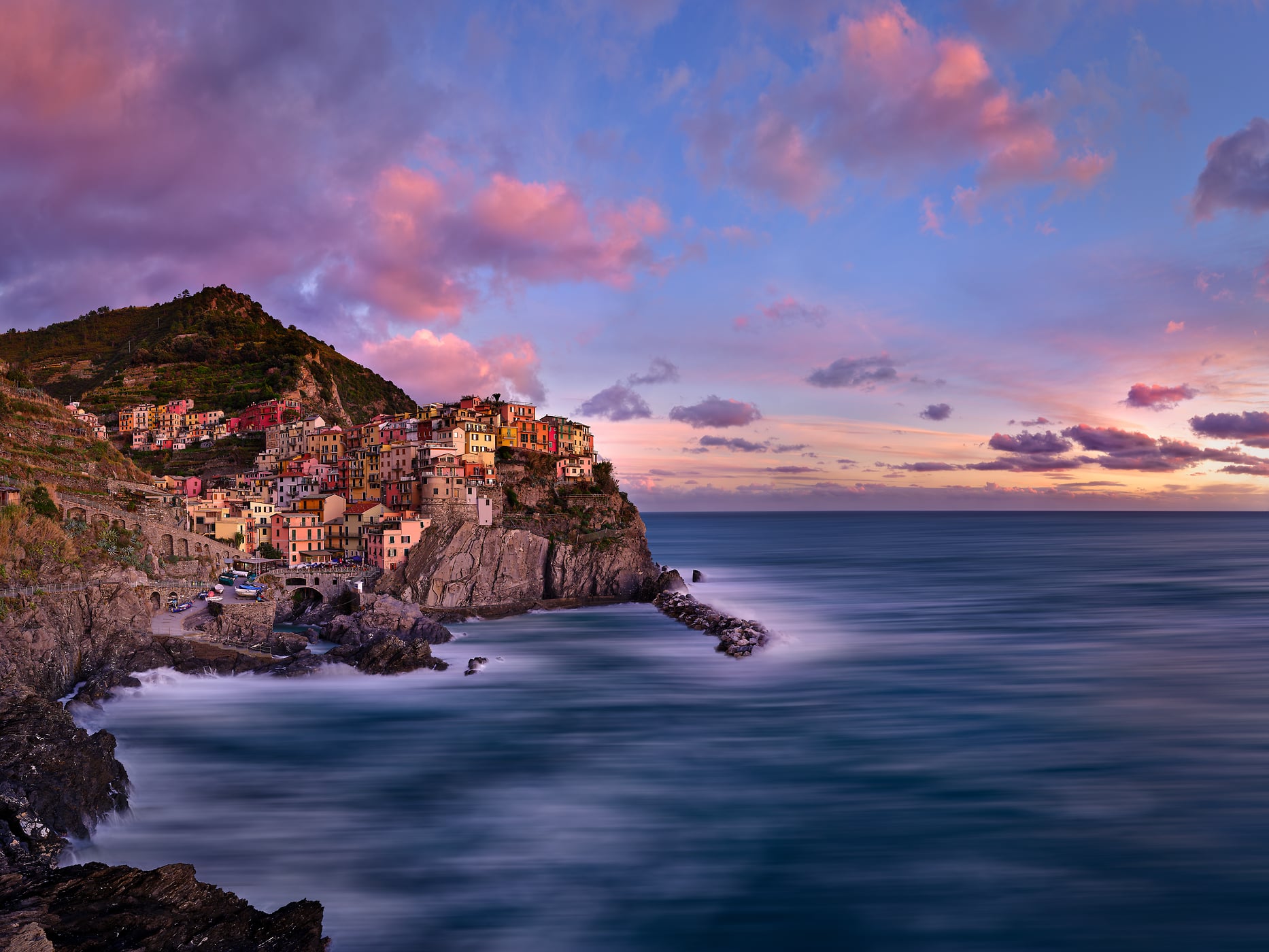 685 megapixels! A very high resolution, large-format VAST photo print of the Mediterranean coastline at sunset with houses on rocky cliffs; photograph created by David Meaux in Manarola, Cinque Terre, Liguria, Italy.