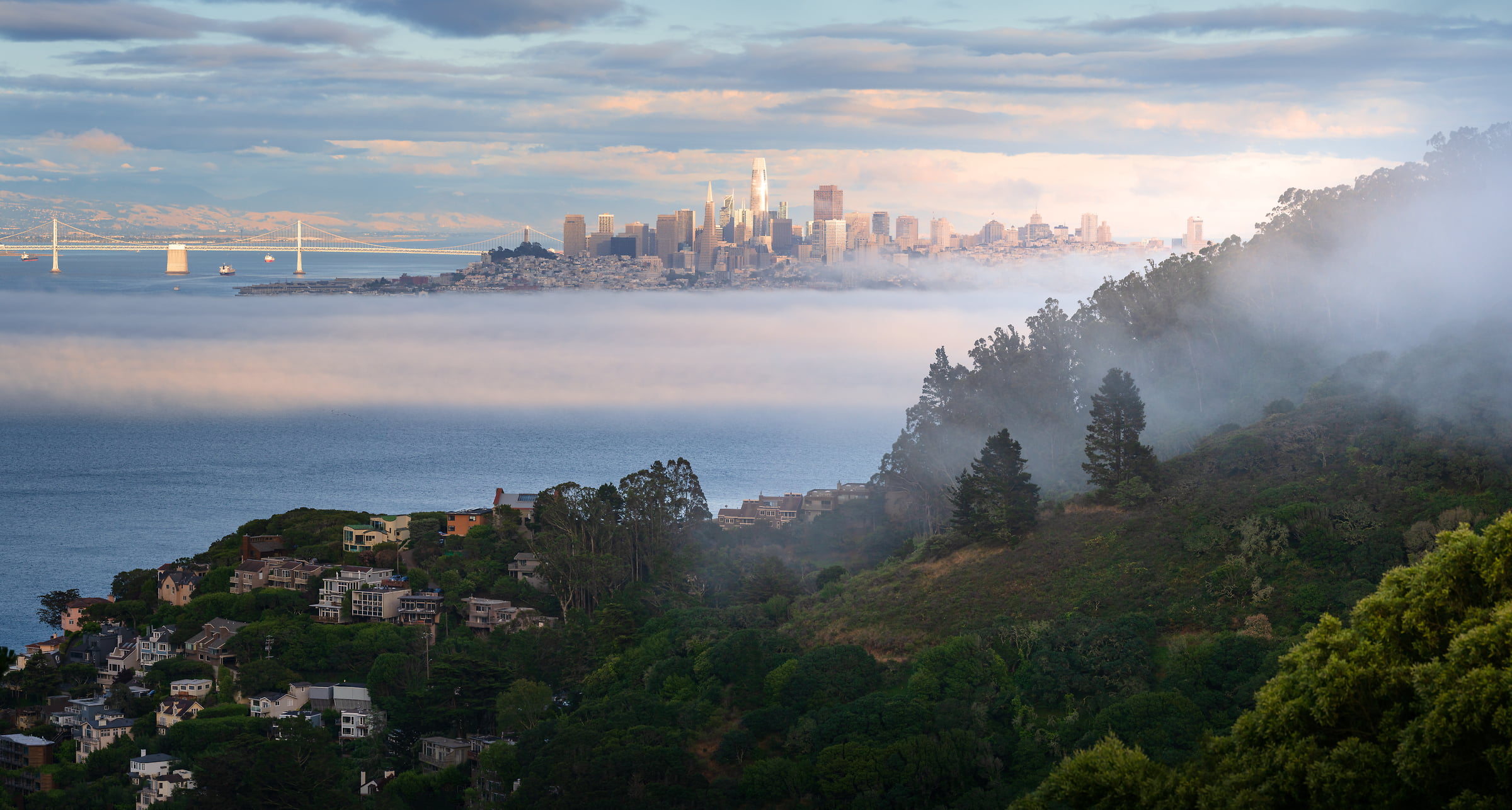 199 megapixels! A very high resolution, large-format VAST photo print of San Francisco and Sausalito at evening with fog; landscape and cityscape photograph created by Jeff Lewis in Sausalito, California.