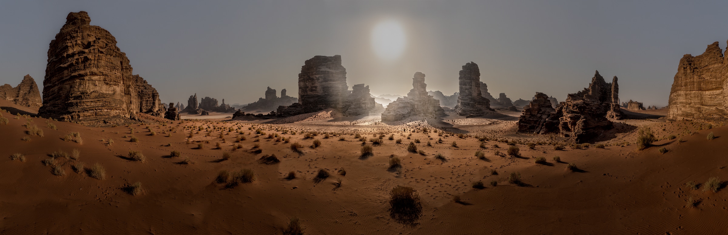 1,025 megapixels! A very high resolution, large-format VAST photo print of the sun in the desert with unique rock formations; landscape photograph created by Peter Rodger in Tabuk, Saudi Arabia.