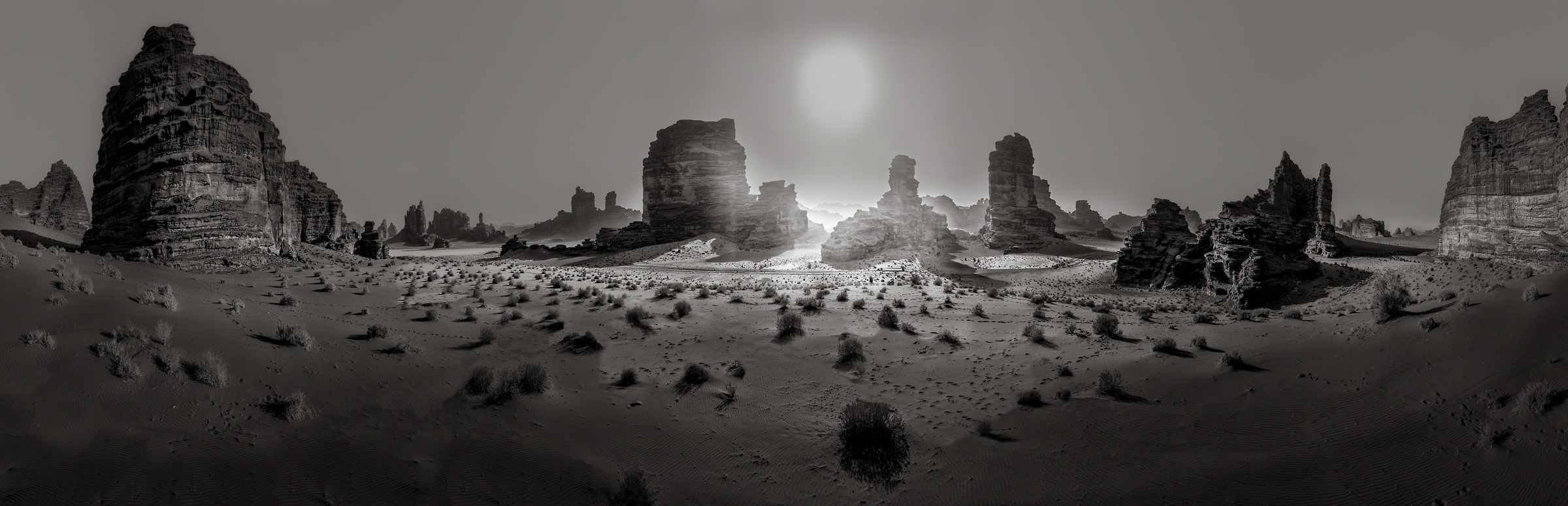 1,025 megapixels! A very high resolution, large-format VAST photo print of the sun in the desert with interesting rock formations; fine art black & white photograph created by Peter Rodger in Tabuk, Saudi Arabia.