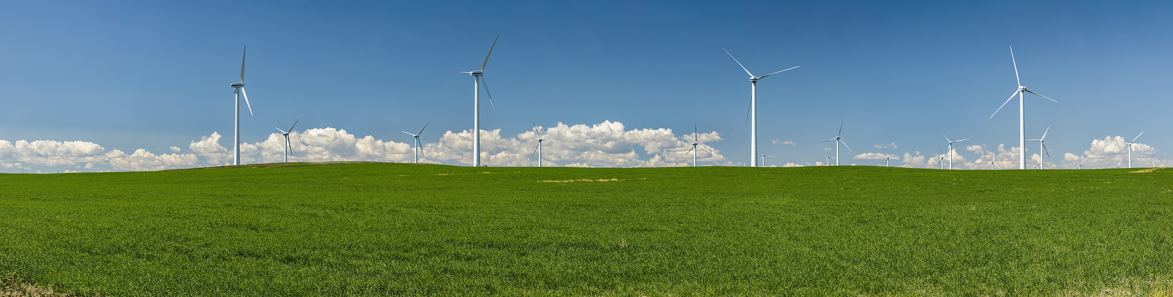 704 megapixels! A very high resolution, large-format VAST photo of wind turbines on a grassy hill with a blue sky; green energy photograph created by Scott Dimond in Fort Macleod, Alberta, Canada.