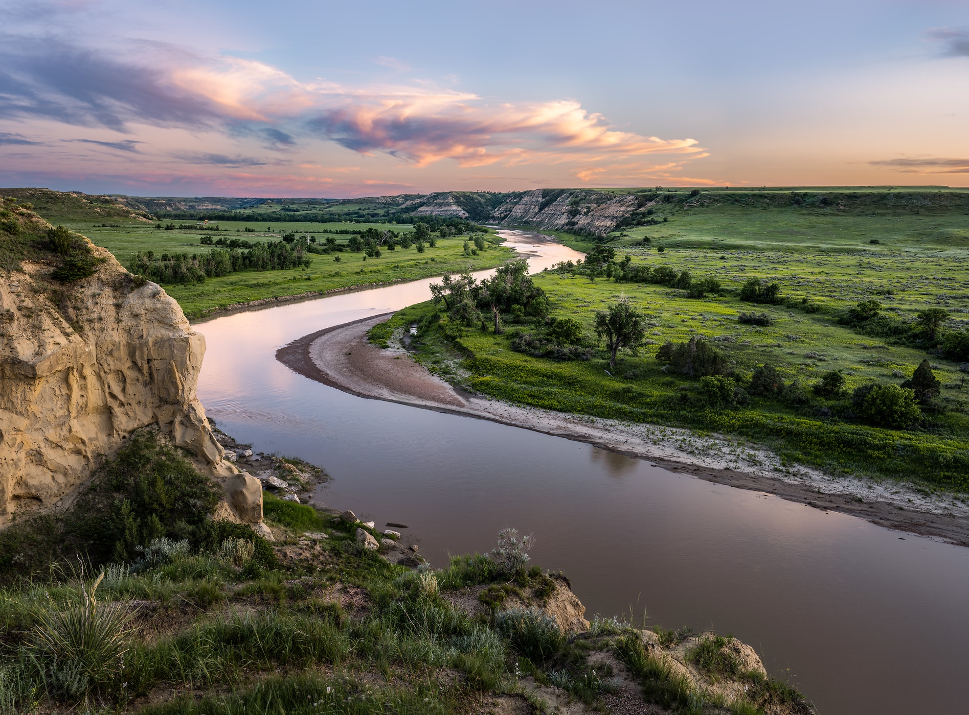 531 megapixels! A very high resolution, large-format VAST photo print of a peaceful river at sunset; landscape photograph of the Little Missouri River created by Chris Blake in Theodore Roosevelt National Park, North Dakota.