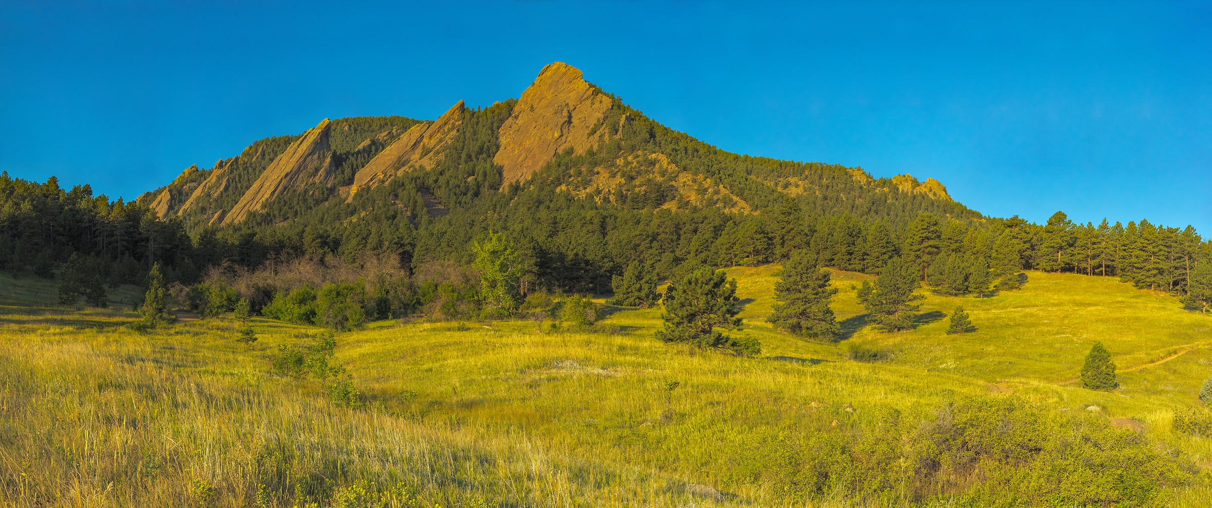 3,454 megapixels! A very high resolution, large-format VAST photo print of mountains and rock formations behind a field; landscape photograph created by John Freeman in Chautauqua Park, Boulder, Colorado.