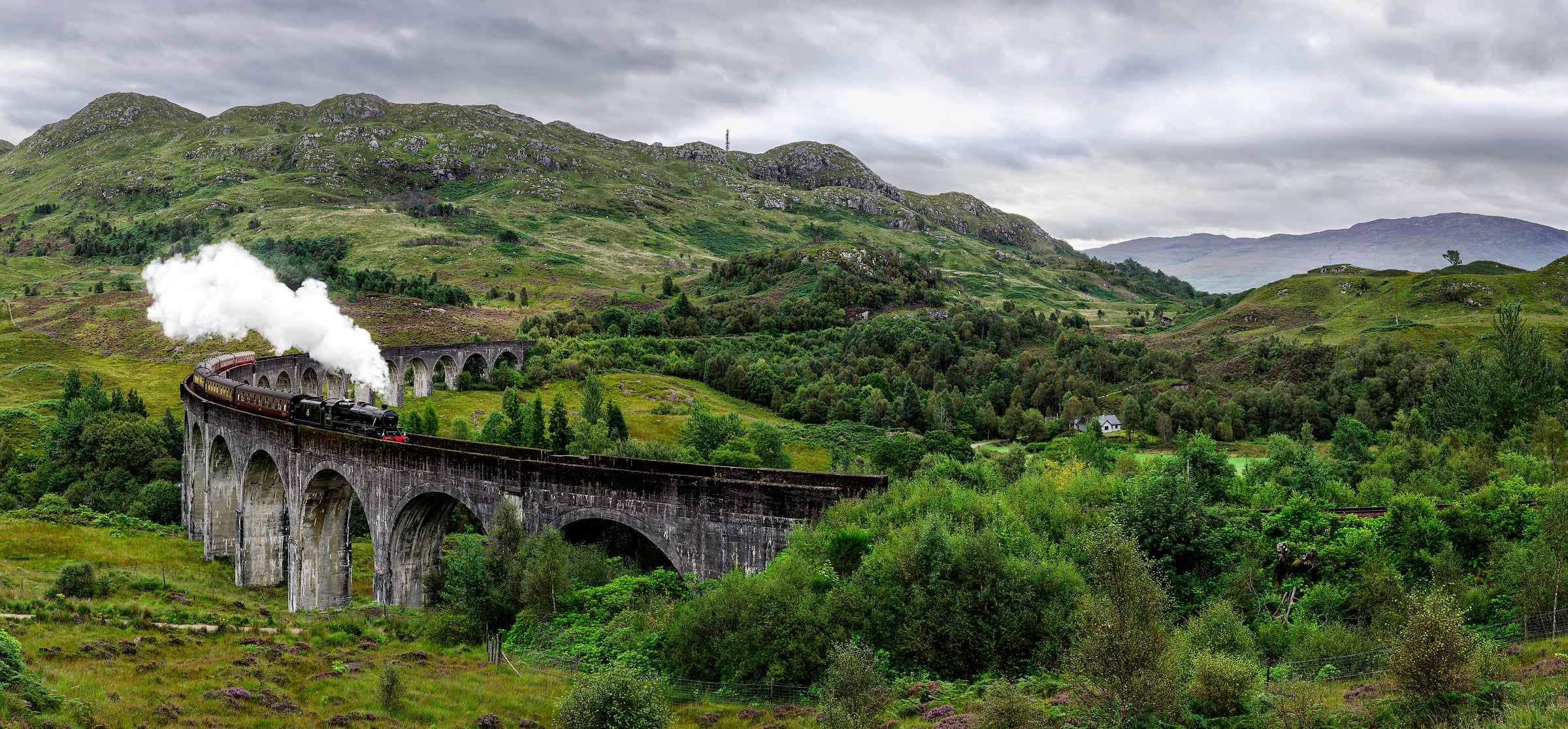 1,531 megapixels! A very high resolution, large-format VAST photo print of the Jacobite railroad train steam locomotive going across the Glenfinnan Viaduct bridge; photograph created by Scott Dimond in Glenfinnan Viaduct, United Kingdom.