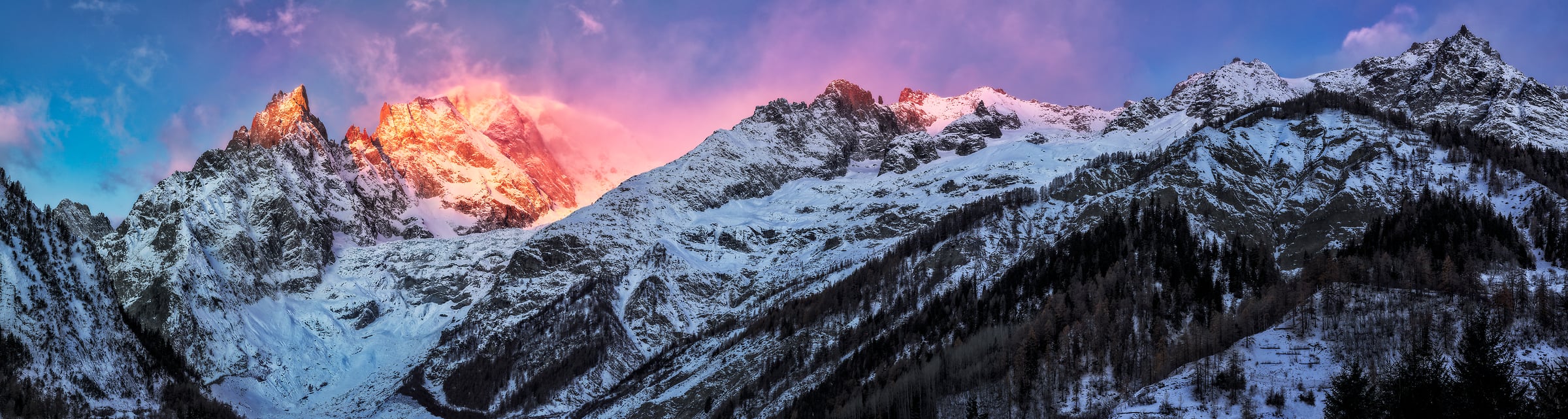 436 megapixels! A very high resolution, large-format VAST photo print of Mont Blanc at sunrise; panorama photograph created by Duilio Fiorille in Entrèves, Courmayeur, Italy.