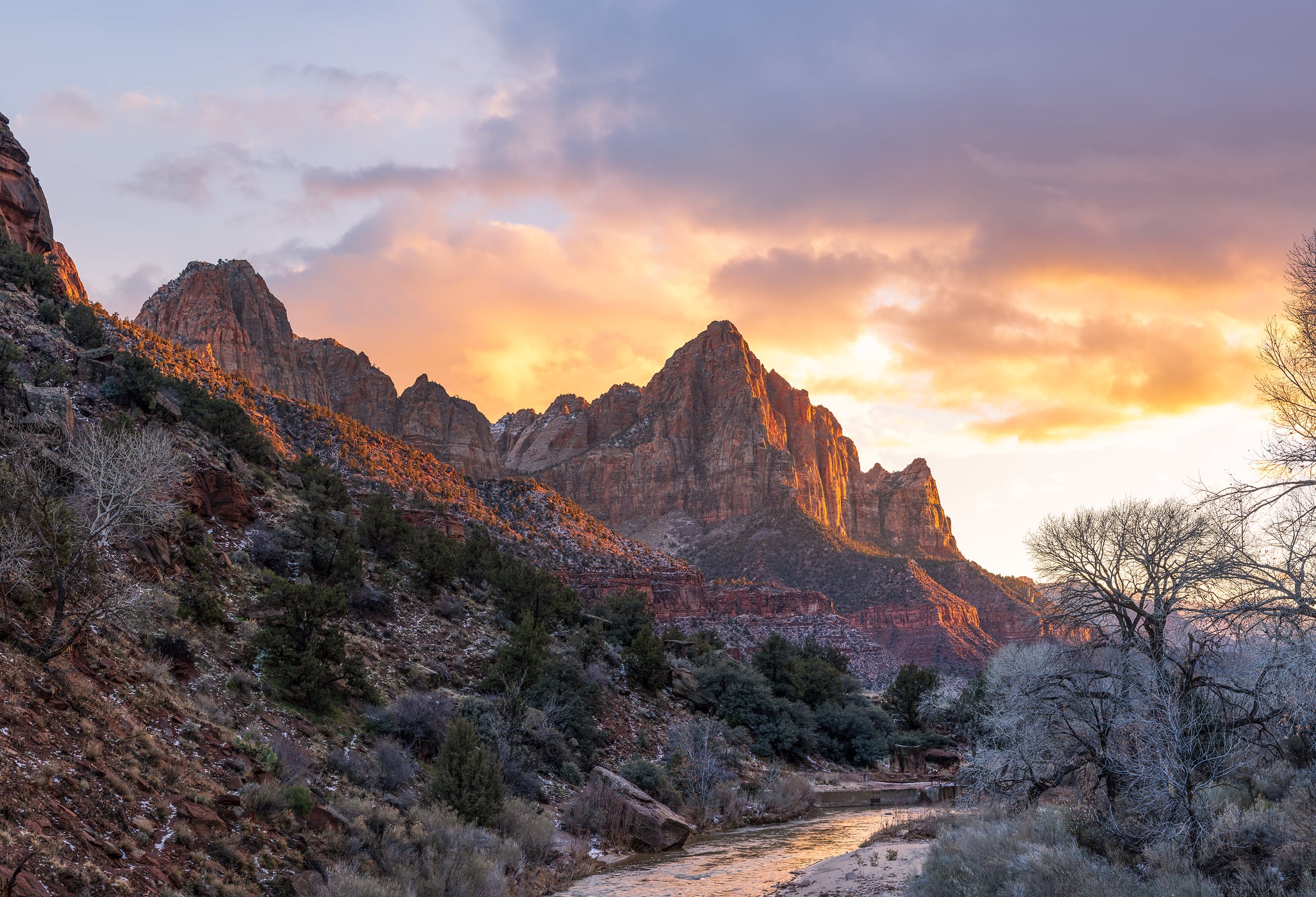 375 megapixels! A very high resolution, large-format VAST photo print of The Watchman mountain and the Virgin River at sunset; landscape photograph created by Chris Blake in Zion National Park, Utah.