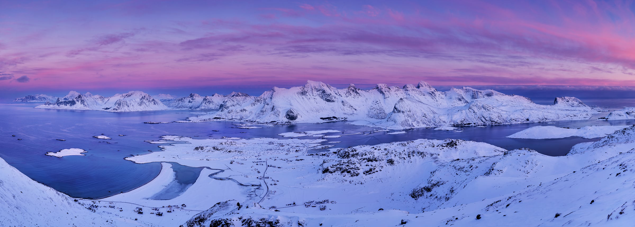 2,498 megapixels! A very high resolution, large-format VAST photo print of snow-covered mountains, the ocean, and beautiful clouds at sunset in the Arctic; landscape photograph created by Martin Kulhavy from Ryten Mountain, Lofoten, Norway.