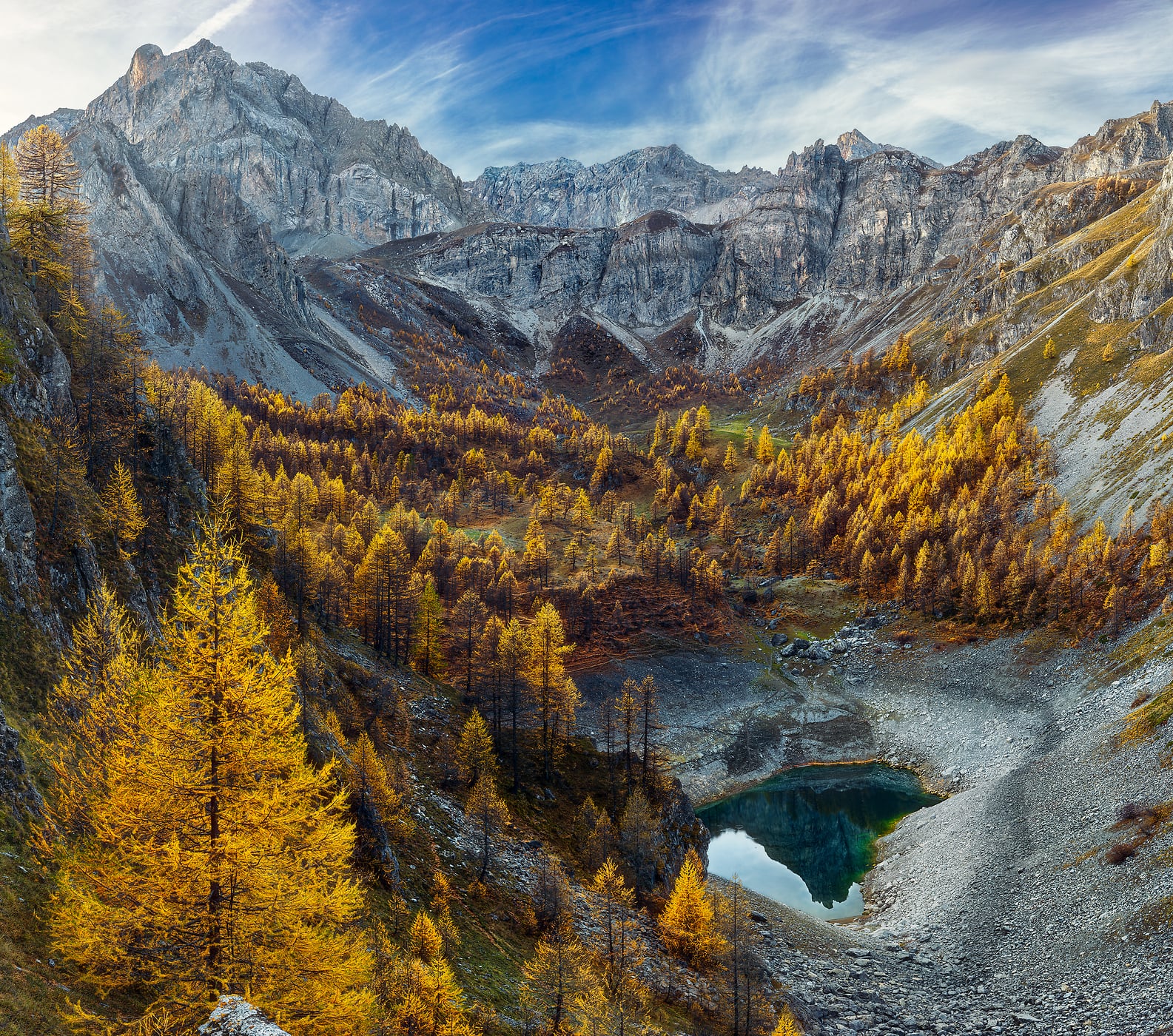 186 megapixels! A very high resolution, large-format VAST photo print of an alpine lake in autumn with yellow trees and mountains; landscape photograph created by Duilio Fiorille in Visaisa Lake, Acceglio, Cuneo, Italy.