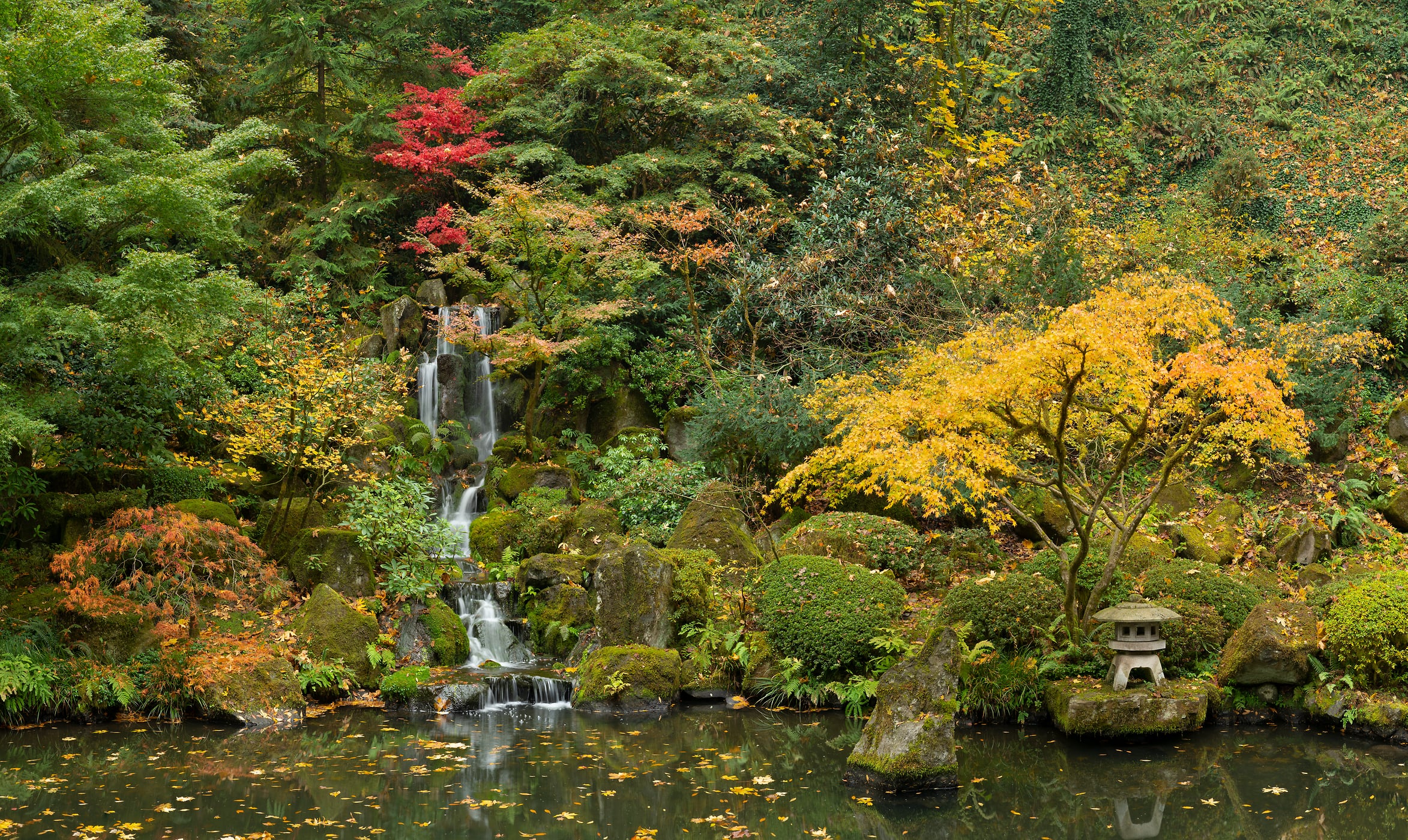 341 megapixels! A very high resolution, large-format VAST photo print of a peaceful nature scene with a waterfall, pond, and autumn foliage; art photograph created by Greg Probst in Portland Japanese Garden, Portland, Oregon.