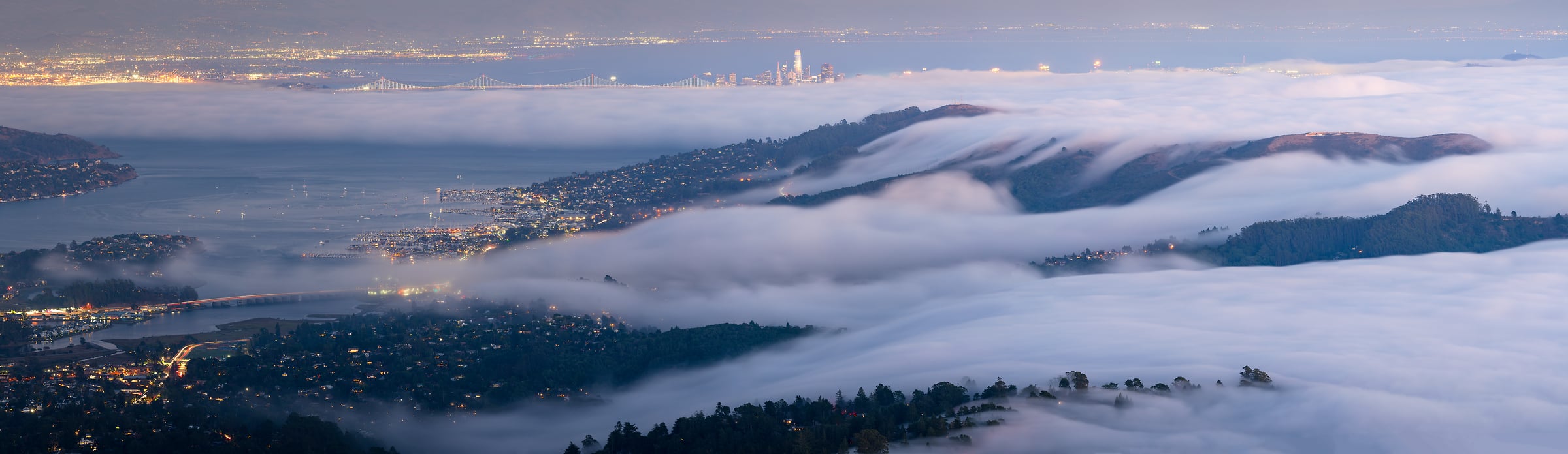 295 megapixels! A very high resolution, large-format VAST photo print of fog in the San Francisco Bay area at night; panorama photograph created by Jeff Lewis in Marin County, California.